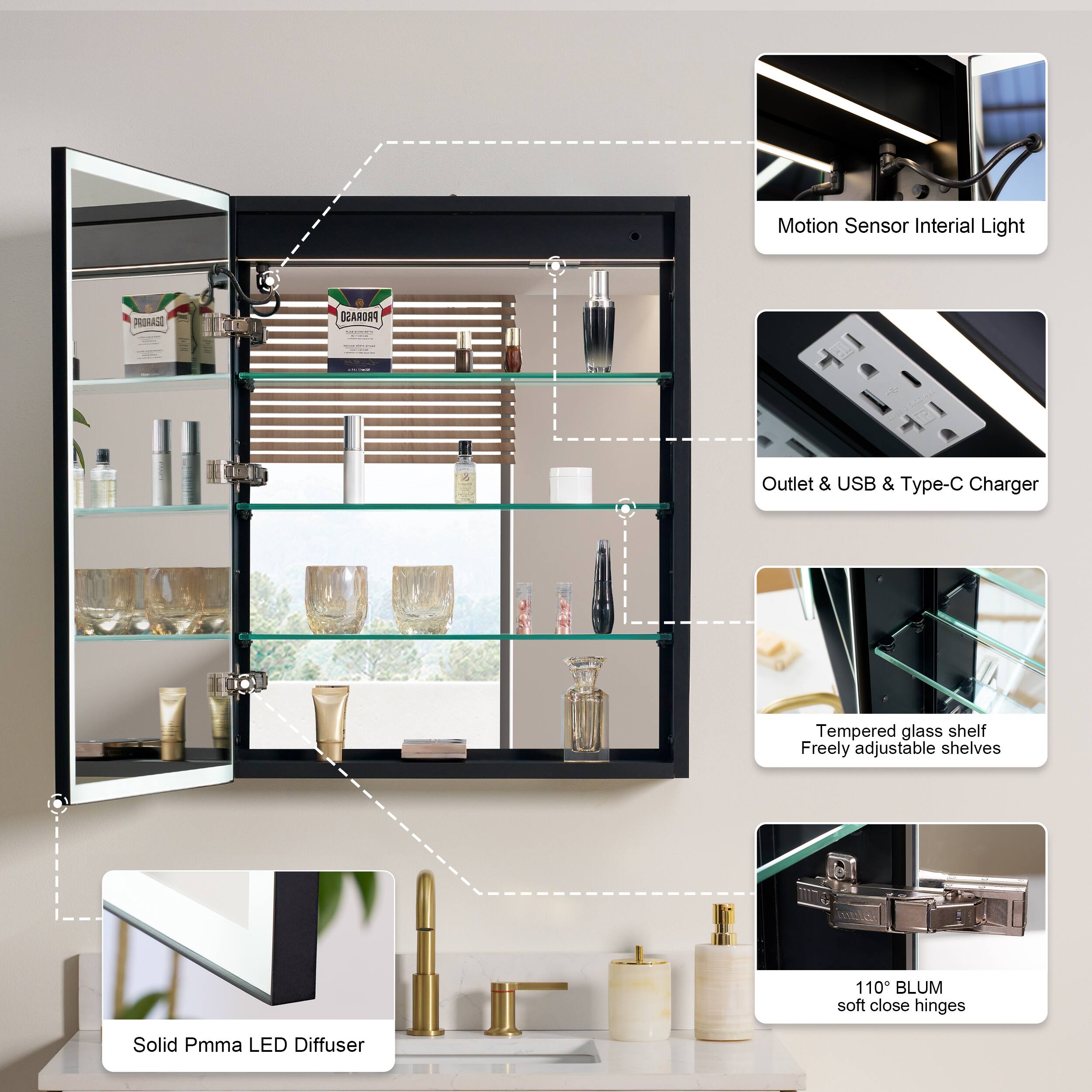 Motion Sensor Inertial Light  
PRORAGE PRORASI  
Outlet & USB & Type-C Charger  
Tempered glass shelf  
Freely adjustable shelves  
110° BLUM soft close hinges  
Solid Pmma LED Diffuser