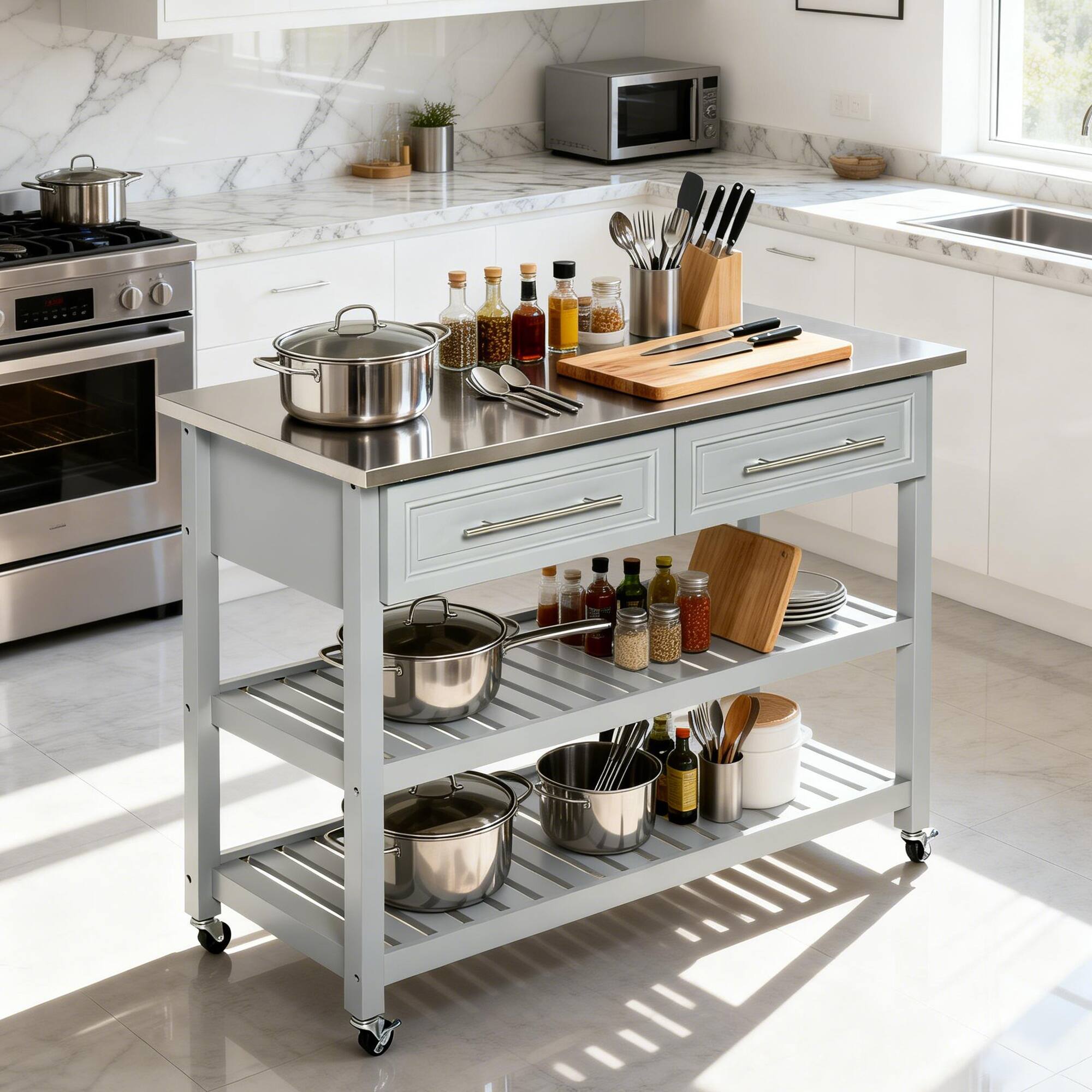 Alt View 8. Homcom - Kitchen Island with Stainless Steel Top, Traditional Kitchen Island with Storage, 2-Tier Open Shelves, Drawers - Grey.
