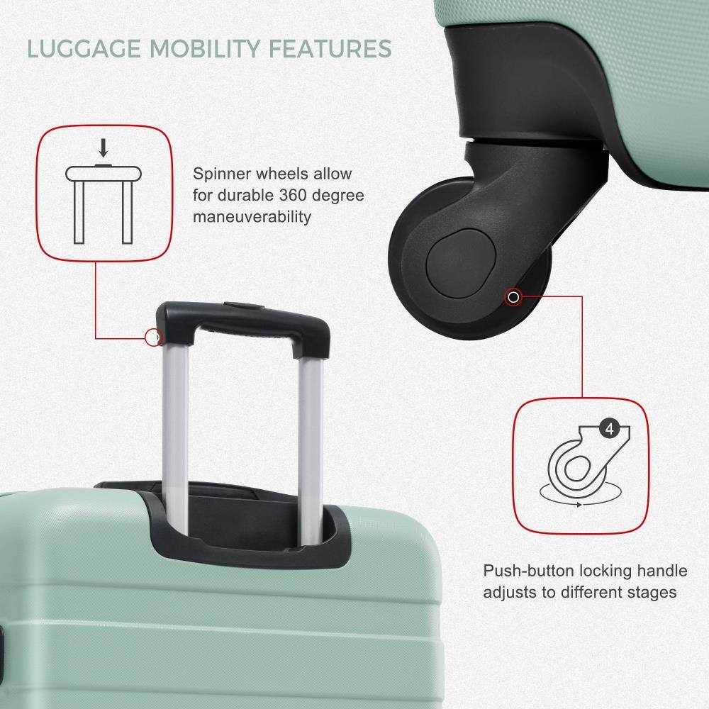 LUGGAGE MOBILITY FEATURES

Spinner wheels allow for durable 360 degree maneuverability

Push-button locking handle adjusts to different stages