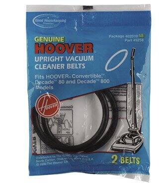 Good Housekeeping Package 402010 48  
GENUINE Part 49258 HOOVER UPRIGHT VACUUM CLEANER BELTS  
Fits HOOVER Convertible, Decade 80 and Decade 800 Models  
2 BELTS  
Distributed by The Hoover Co, North Canton, OH, USA  
© 2000 The Hoover Co