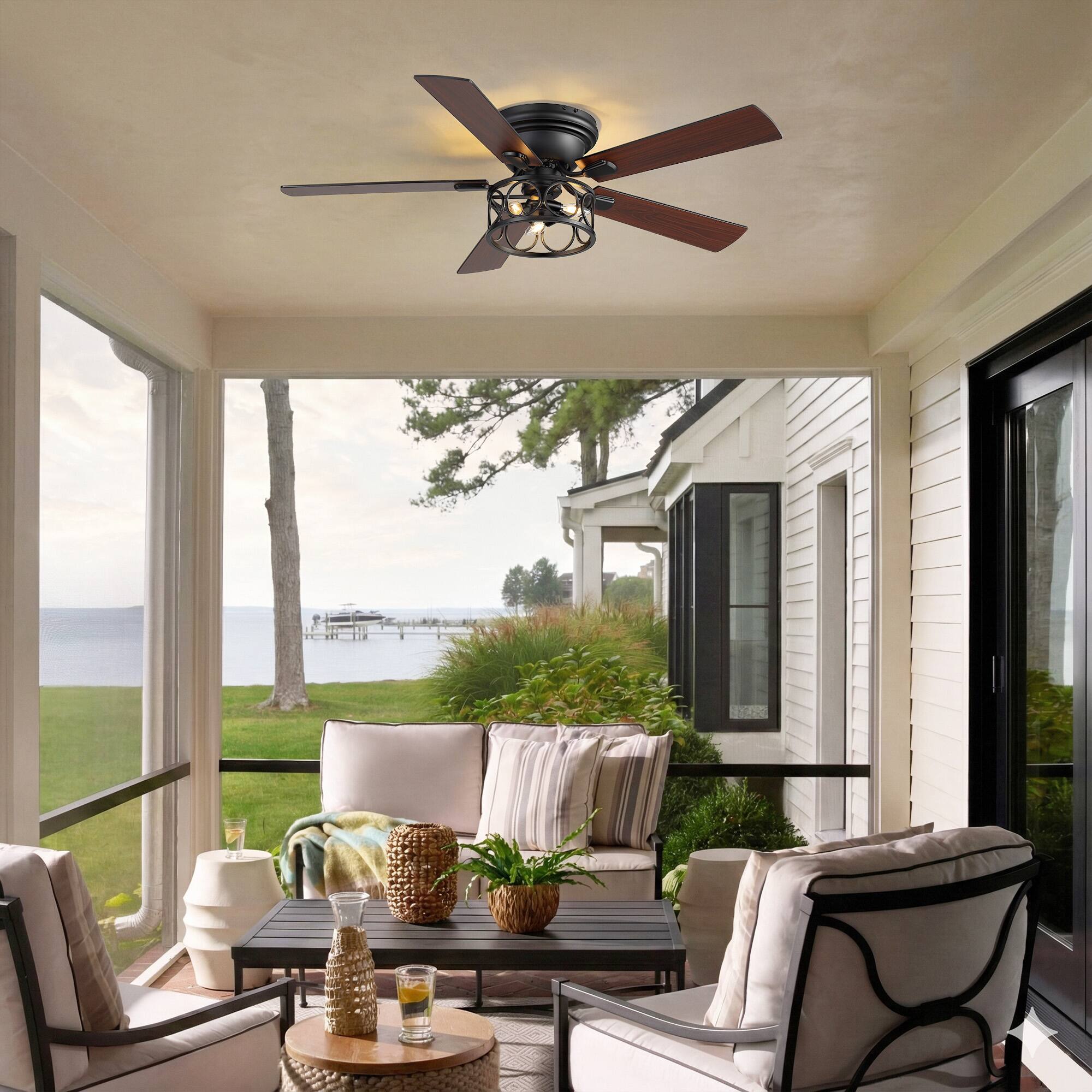 Alt View 1. Breezary - 52 Inch Surface Mounted Ceiling Fan with Caged Light, E12 Bulbs, DC Motor, 6-Speed Remote, Timer - Black & Walnut.