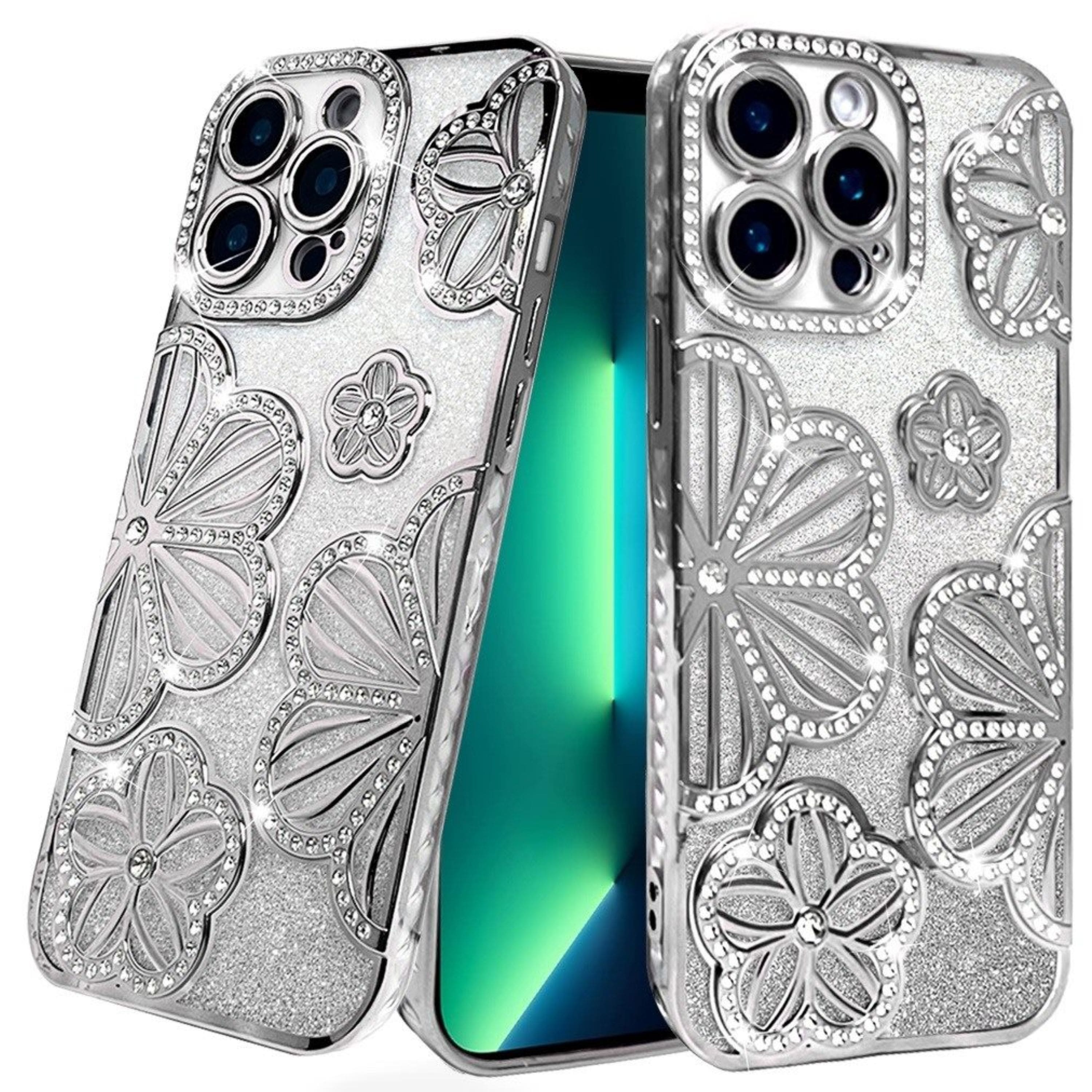 Kitcheniva - Bling Floral Case With 3D Rhinestone Glitter Cover For iPhone 13 Pro Max - Silver