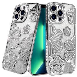 Kitcheniva - Bling Floral Case With 3D Rhinestone Glitter Cover For iPhone 13 Pro Max - Silver