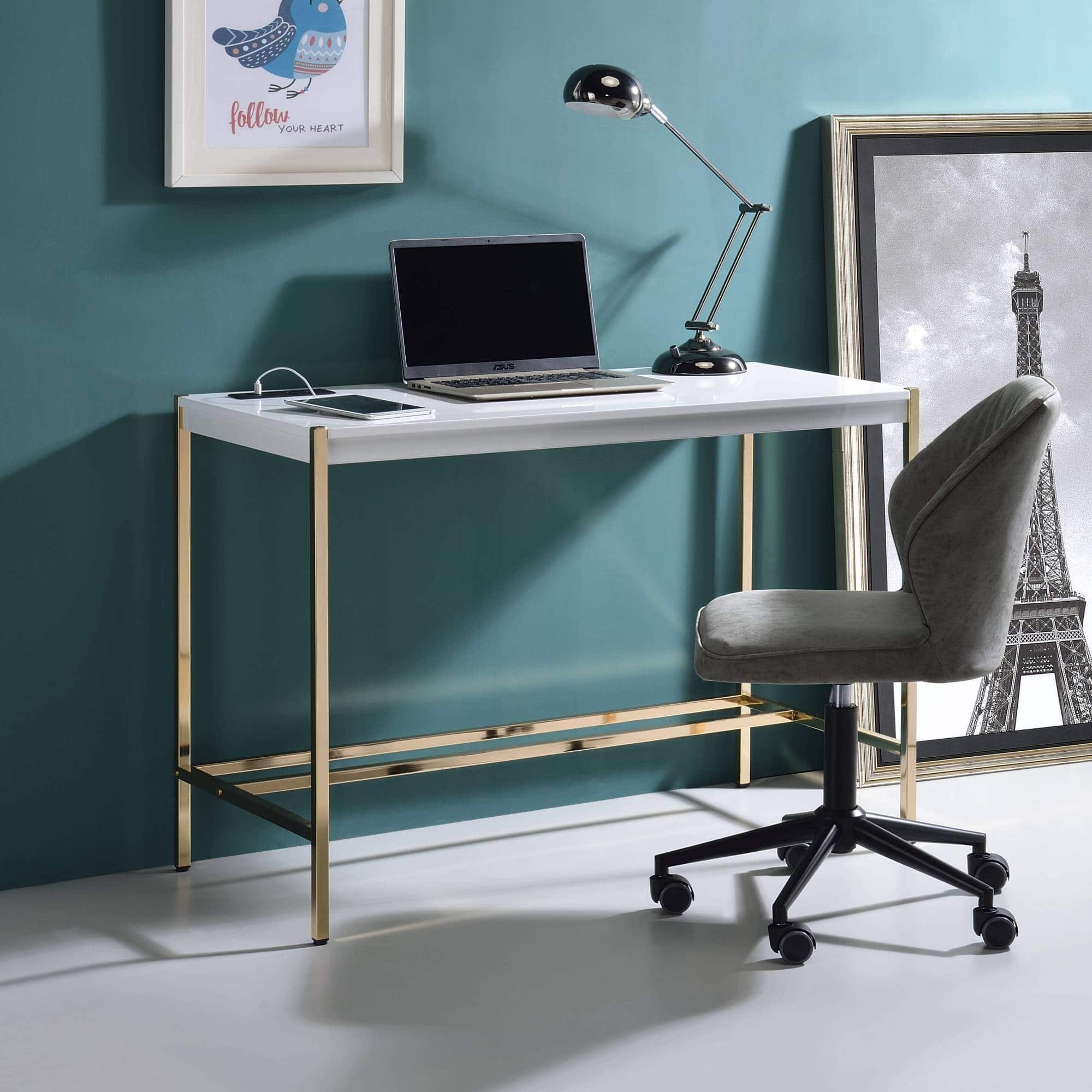 GOODSILO - Modern Writing Desk with USB Charging Port for Contemporary Home Office Workspace - Golden+White