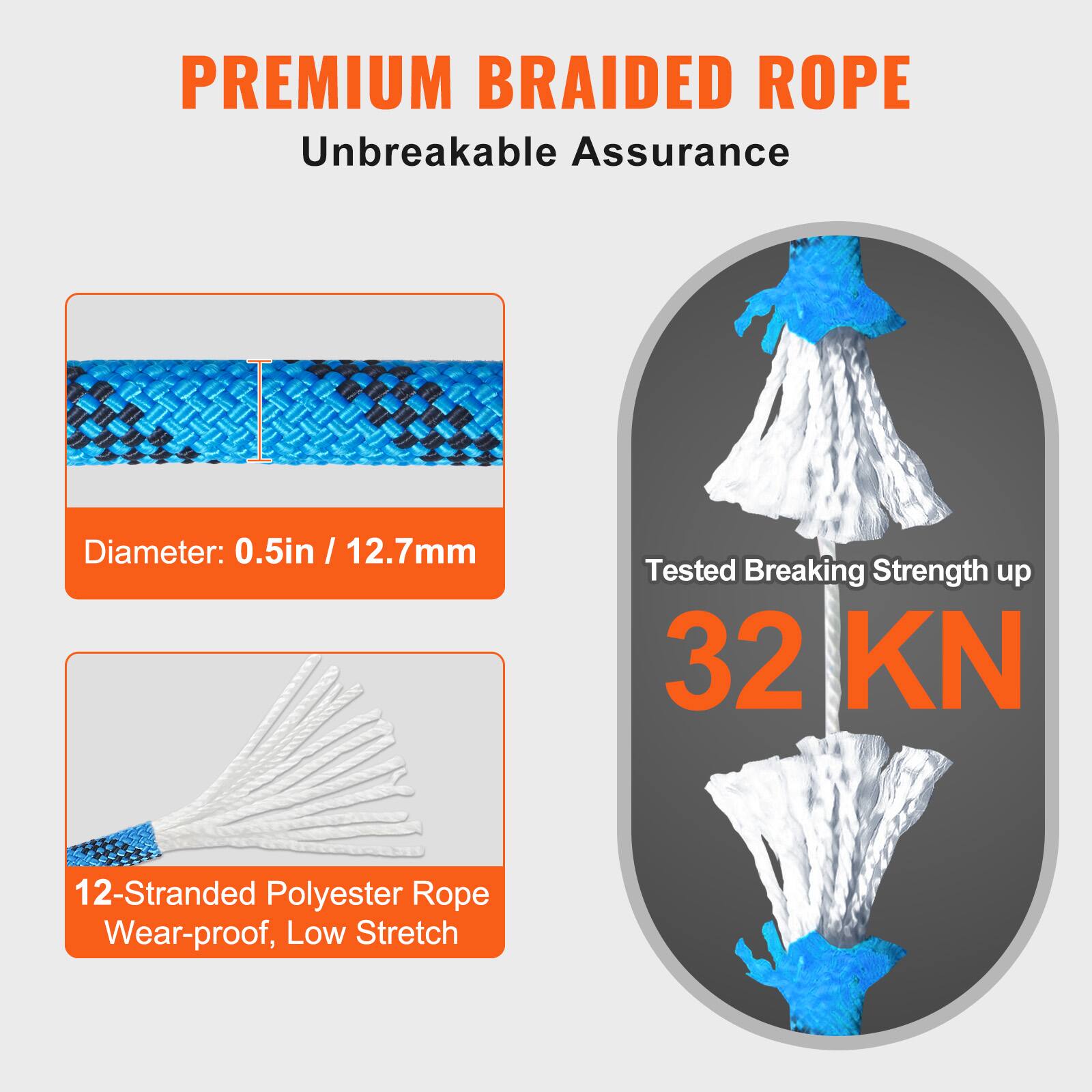 PREMIUM BRAIDED ROPE  
Unbreakable Assurance  

Diameter: 0.5in / 12.7mm  

Tested Breaking Strength up to 32 KN  

12-Stranded Polyester Rope  
Wear-proof, Low Stretch
