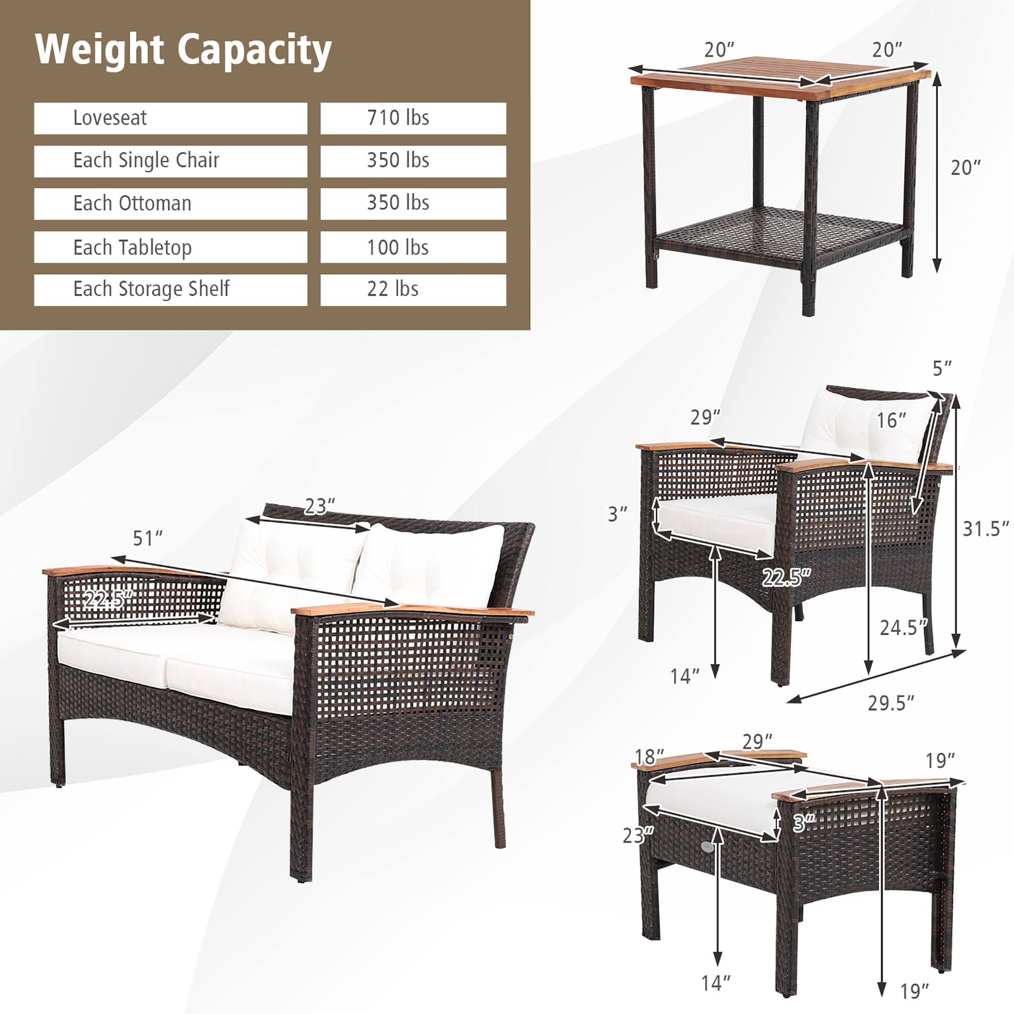 **Weight Capacity**

- Loveseat: 710 lbs
- Each Single Chair: 350 lbs
- Each Ottoman: 350 lbs
- Each Tabletop: 100 lbs
- Each Storage Shelf: 22 lbs

**Dimensions**

- Loveseat: 51" W x 22.5" D x 22.5" H
- Single Chair: 31.5" W x 29.5" D x 24.5" H
- Ottoman: 18" W x 19" D x 14" H
- Tabletop: 20" W x 20" D x 20" H
- Storage Shelf: 23" W x 19" D x 3" H