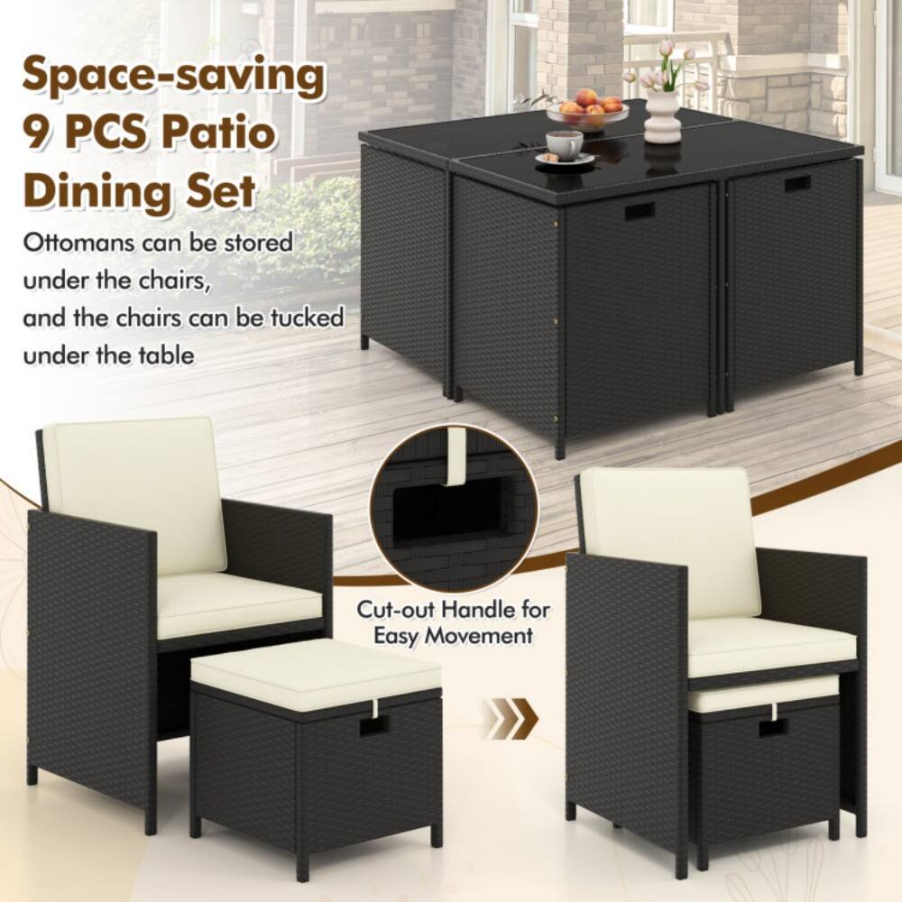 Space-saving 9 PCS Patio Dining Set  
Ottomans can be stored under the chairs, and the chairs can be tucked under the table  
Cut-out Handle for Easy Movement