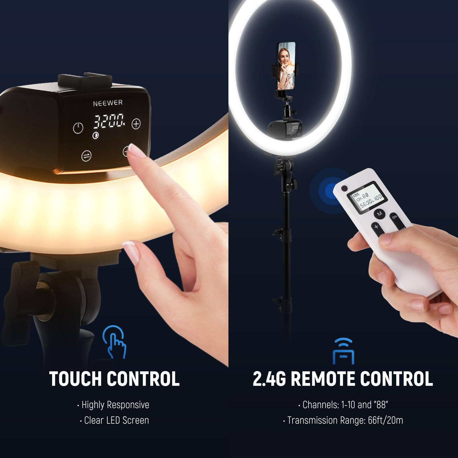 NEEWER 3200. + 1 = UnE CH.6B 00 5600 M + ee TOUCH CONTROL 2.4G REMOTE CONTROL Highly Responsive Clear LED Screen Channels: 1-10 and "88" Transmission Range: 66ft/20m