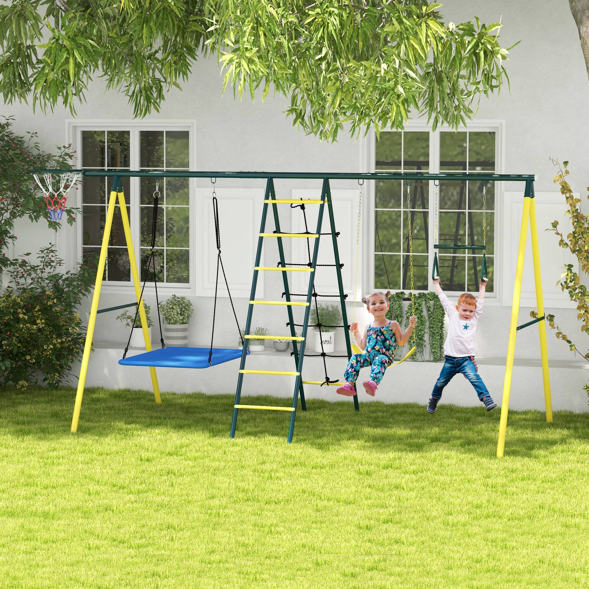 Angle. Outsunny - 5 in 1 A-Frame Stand, Outdoor Playset, Saucer Swing, Slide, Swing Seats, Gym Rings, Basketball Hoop, Climbing Steps.