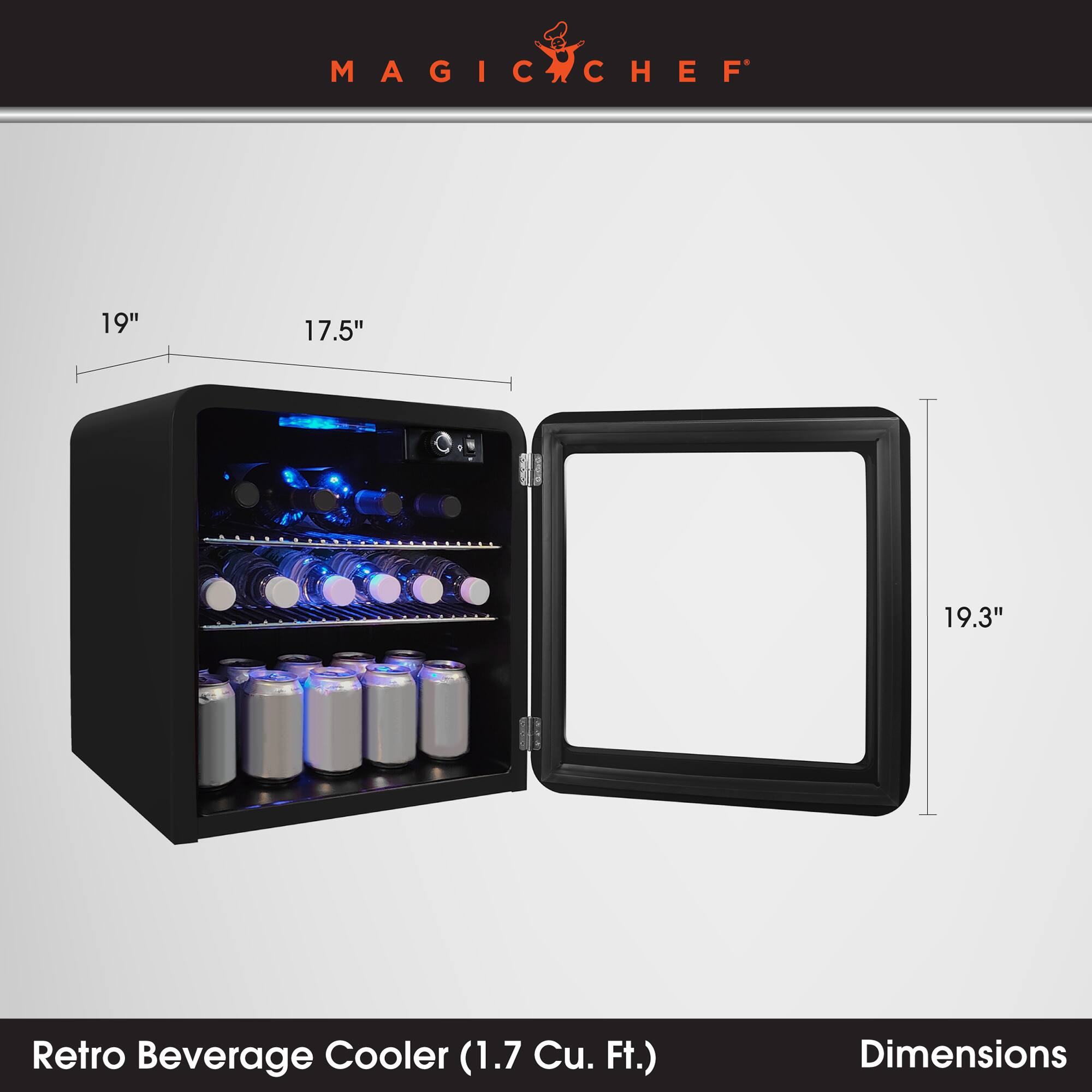 MAGIC CHEF

19"
17.5"
19.3"

Retro Beverage Cooler (1.7 Cu. Ft.)
Dimensions