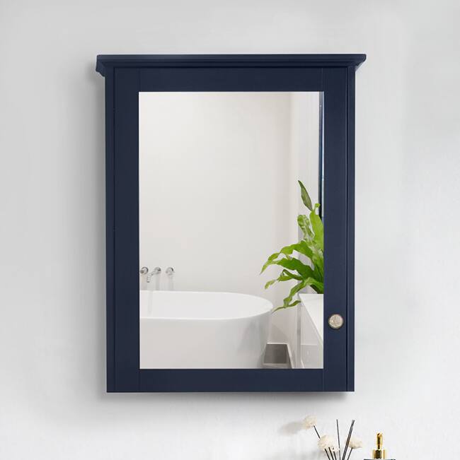 Angle. WELLFOR - 24 in. W x 30 in. H Rectangular Solid Wood Frame Surface Mount Medicine Cabinet with Mirror and Soft Close Door - Navy Blue.