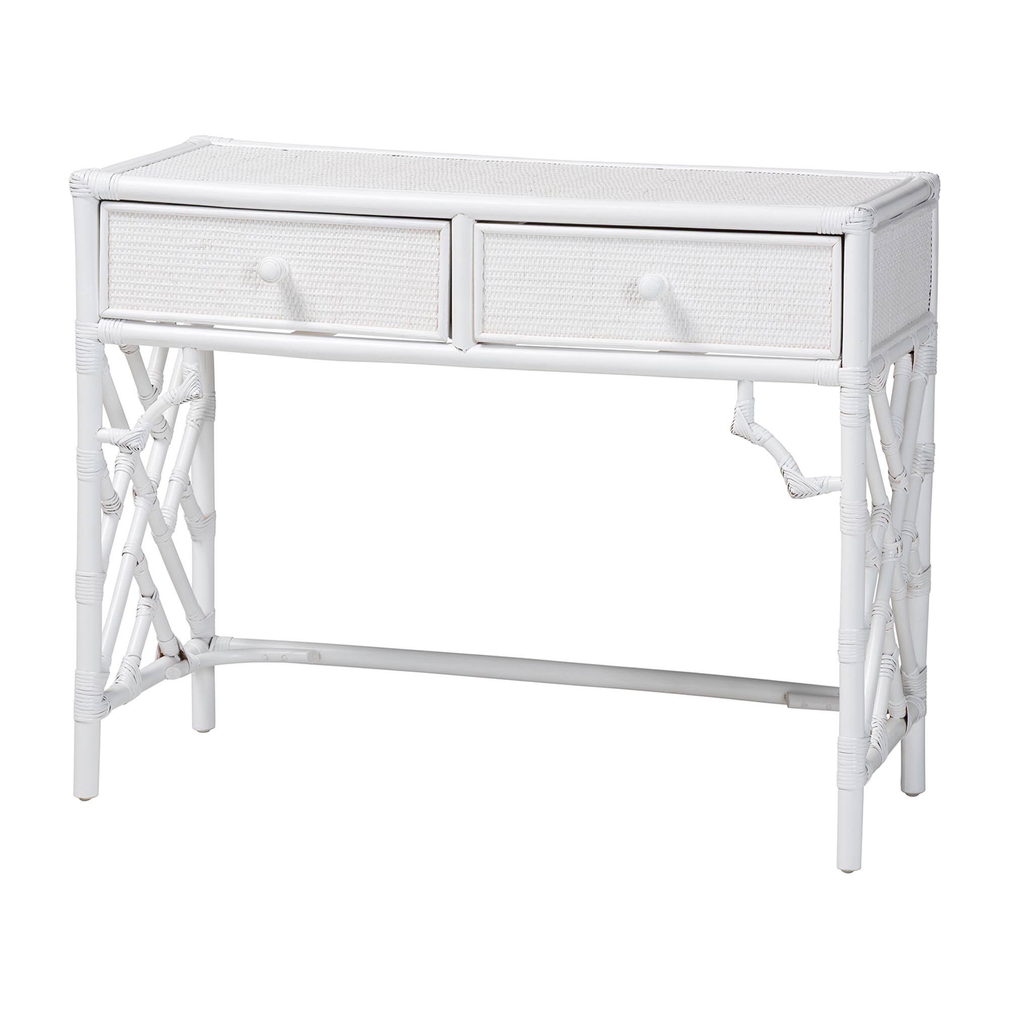 Front. bali & pari - Lindie Natural Rattan Writing Desk with Two Drawers - White.