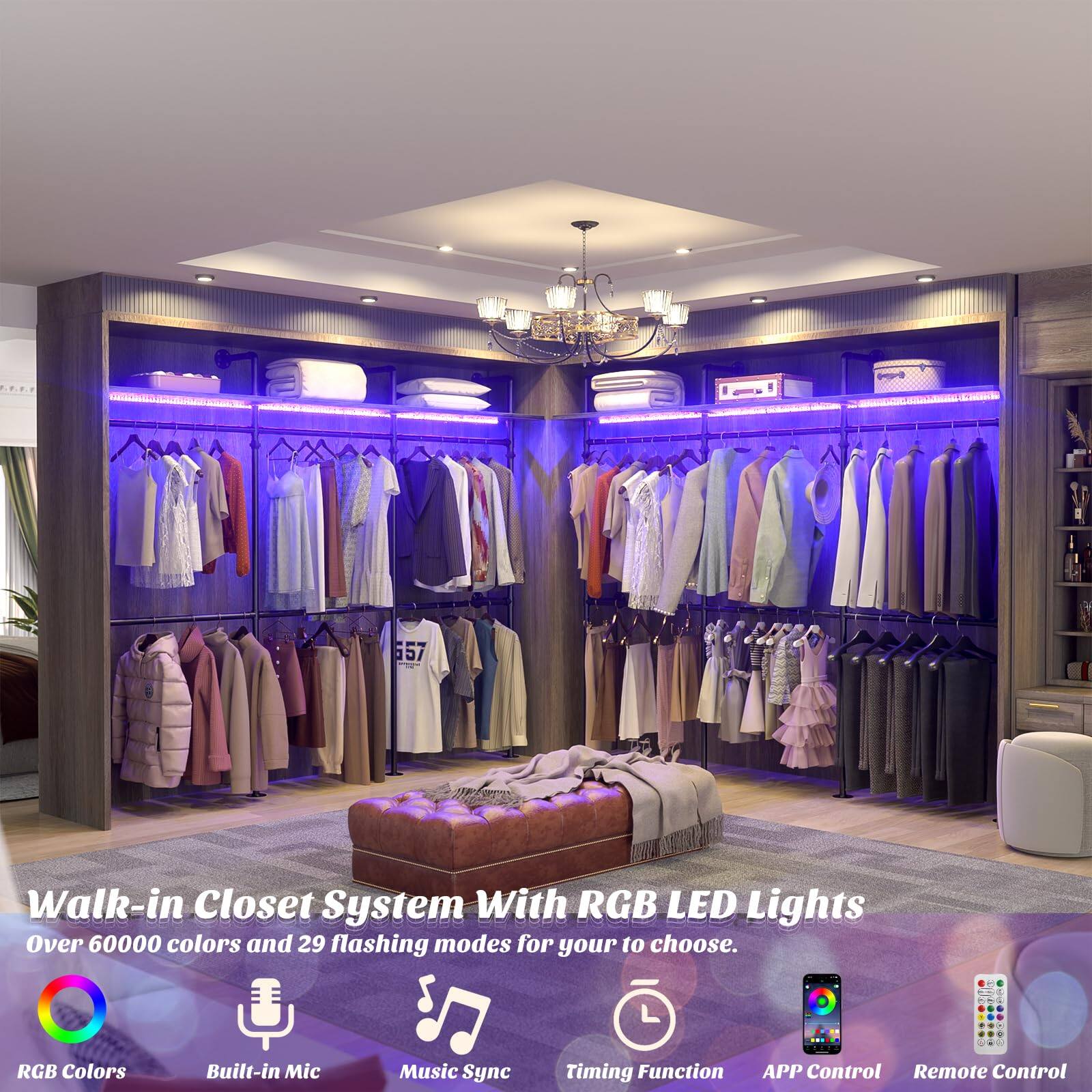 657 Walk-in Closet System With RGB LED Lights Over 60000 colors and 29 flashing modes for your to choose. RGB Colors Built-in Mic Music Sync Timing Function APP Control Remote Control