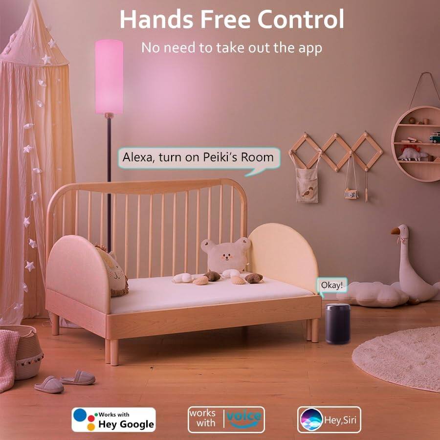 Hands Free Control  
No need to take out the app  

Alexa, turn on Peiki's Room  
Okay!  

Works with Hey Google  
works with Voice  
Hey, Siri