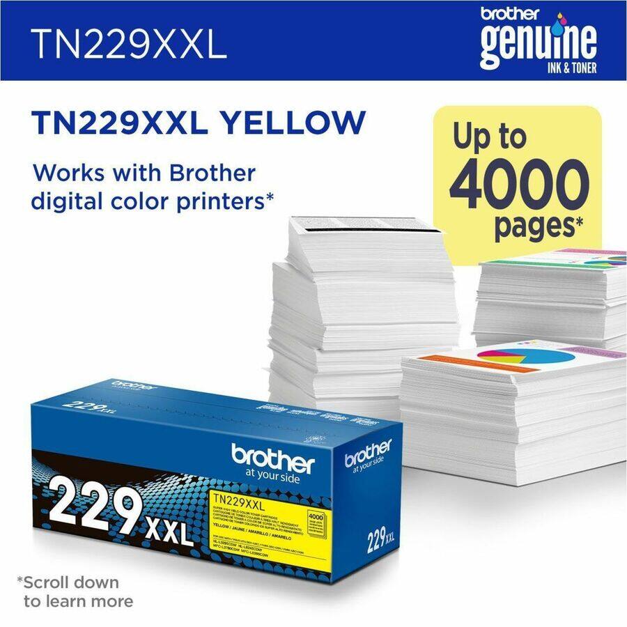 TN229XXL

TN229XXL YELLOW

Works with Brother digital color printers*

Up to 4000 pages*

*Scroll down to learn more

Brother genuine INK & TONER

Brother at your side

TN229XXL YELLOW

4000 pages