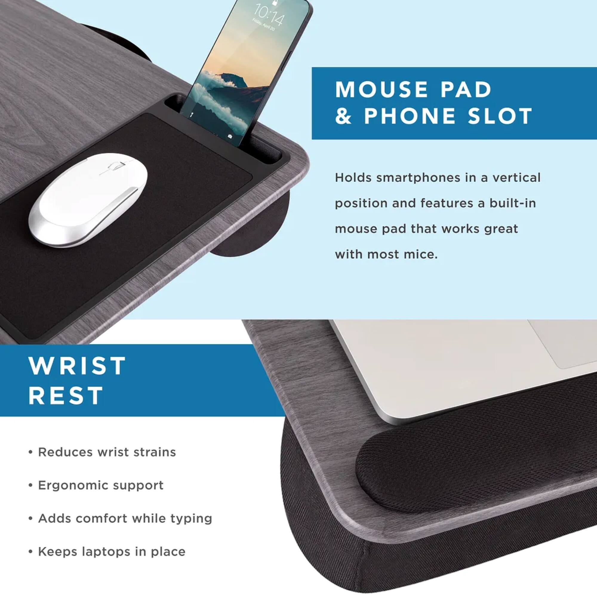 The text on the image is already grouped and correctly written. It describes a mouse pad and phone slot that holds smartphones vertically and features a built-in mouse pad. The mouse pad is designed to work well with most mice, and it also includes a wrist rest that reduces wrist strains, providing ergonomic support and adding comfort while typing. Additionally, the mouse pad helps keep laptops in place.