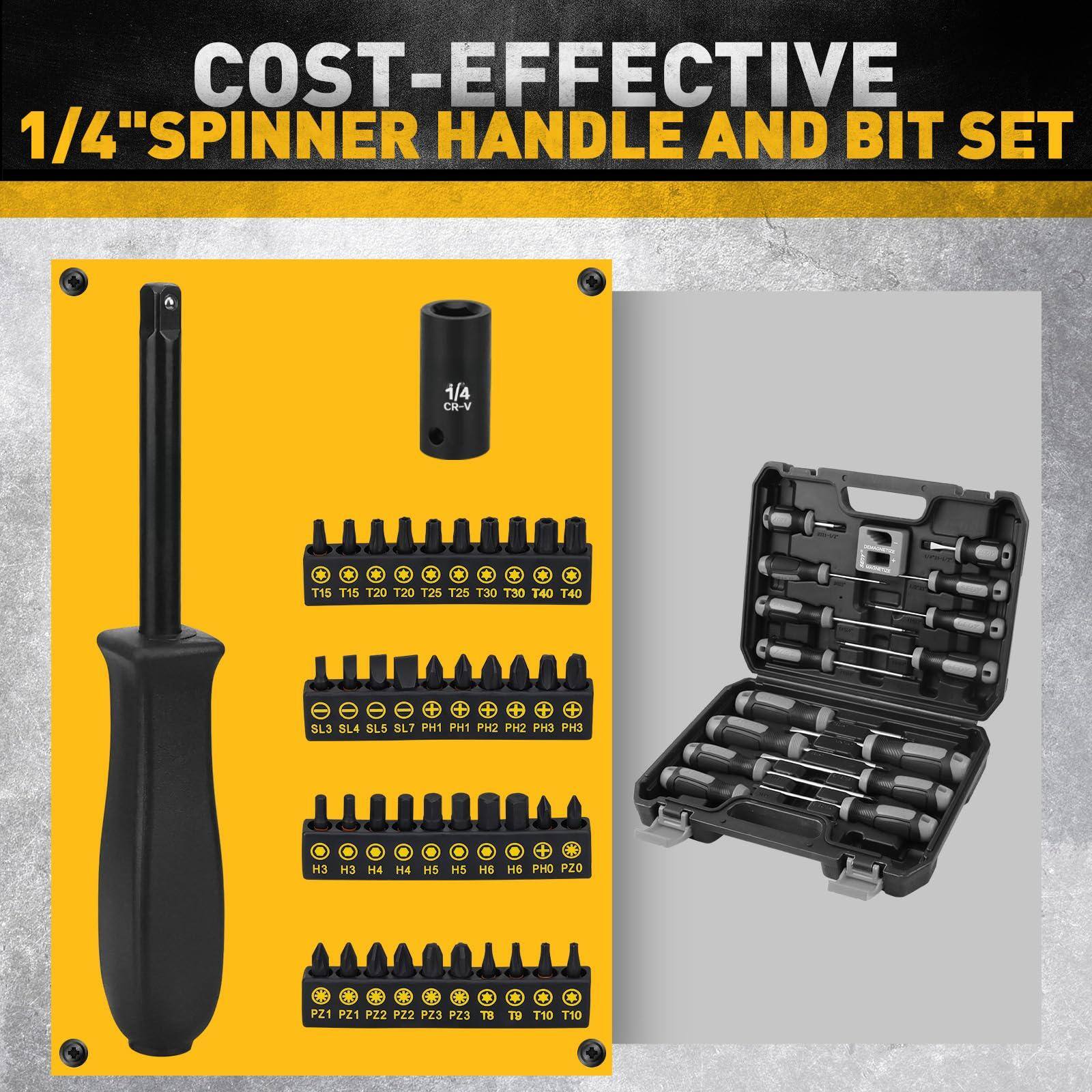 COST-EFFECTIVE  
1/4" SPINNER HANDLE AND BIT SET  

1/4" CR-V  

T15 T15 T20 T20 T25 T25 T30 T30 T40 T40 SL3 SL4 SL5 SL7 PH1 PH1 PH2 PH2 H3 PH3 H3 - 3 H4 H4 H5 H5 HE + HS PHO PZ0 PZ1 PZ1 PZ2 P22 P23 PZ3 T8 TU OFT T10