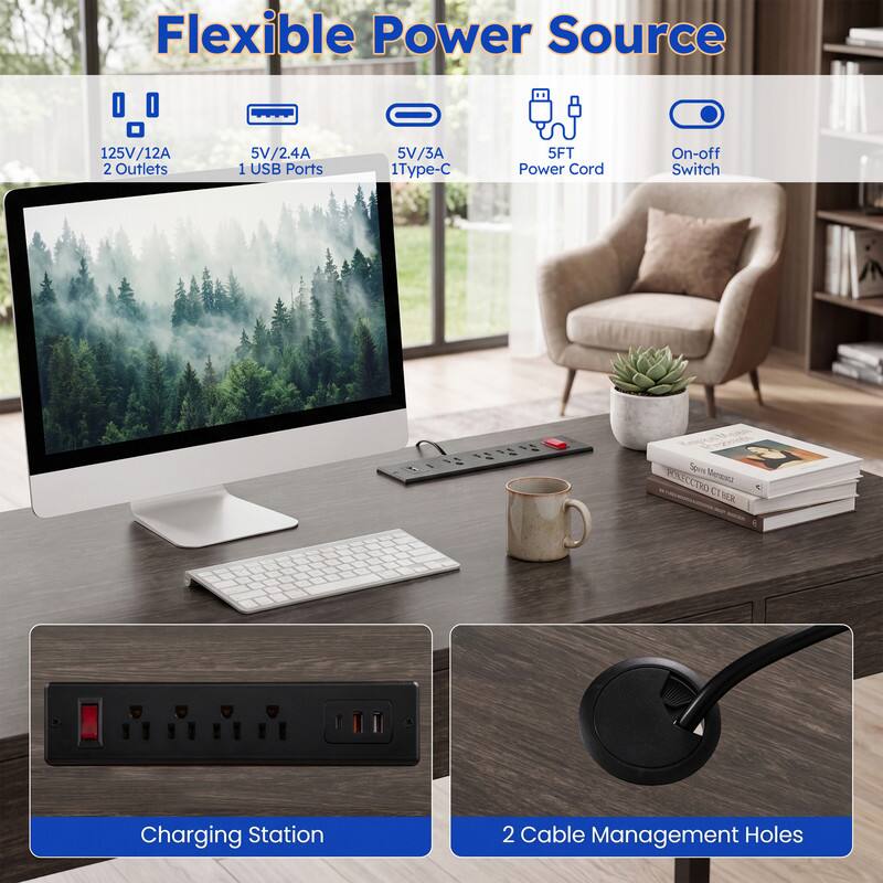 Flexible Power Source  
125V/12A  
2 Outlets  
5V/2.4A 1 USB Ports  
5V/3A 1 Type-C  
5FT Power Cord  
On-off Switch  
Spr POAECCTRO Meruez T YR  
Charging Station  
2 Cable Management Holes