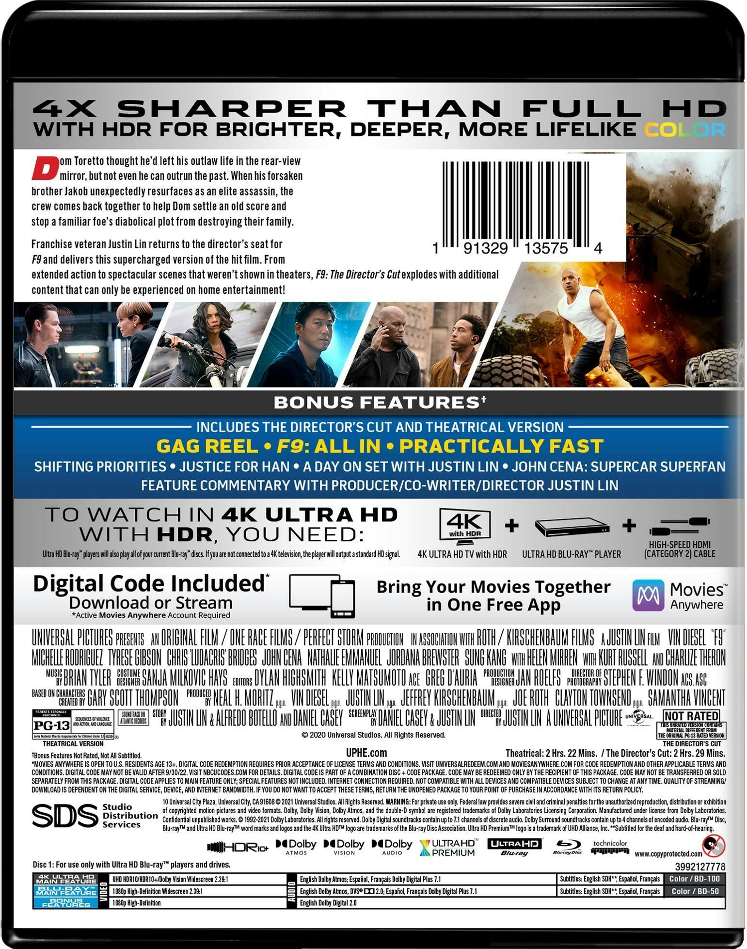 Back. F9: The Fast Saga   - 4K Blu-Ray.