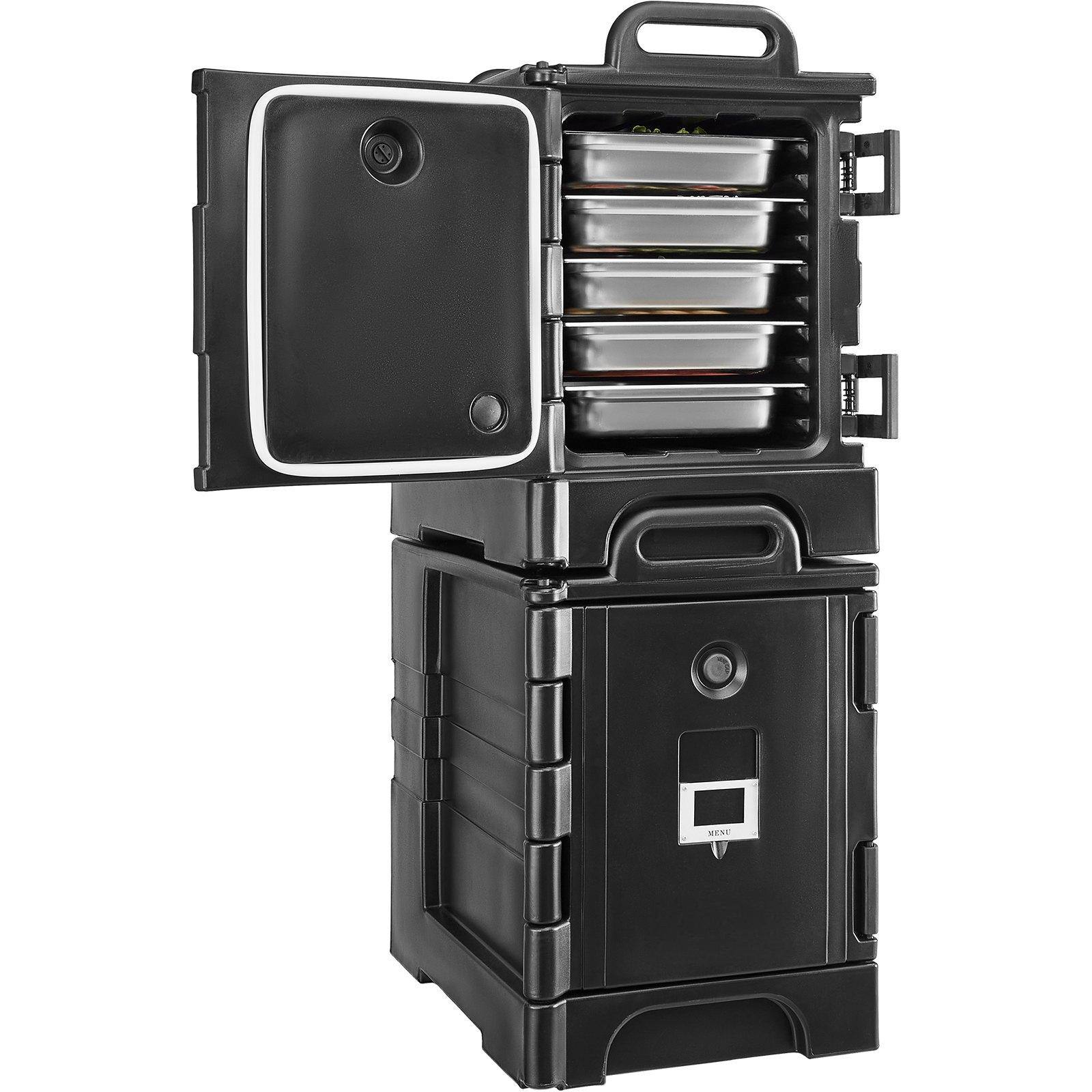Front. Glintex - Insulated Food Pan Carrier 81QT x2 Hot Box for Catering, Front-Loading Stackable End Loader with Handles and Buckles - Black.