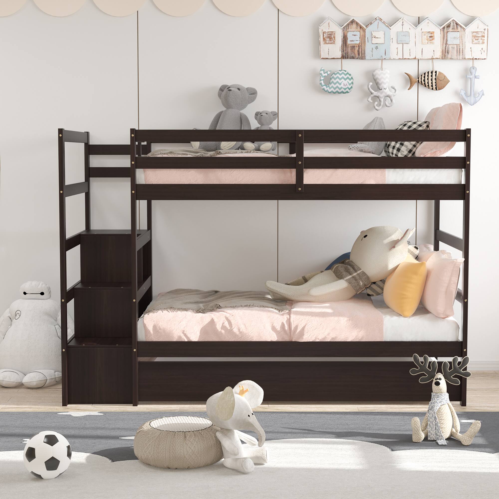Alt View 3. Costway - Costway Twin Over Twin Bunk Bed with Trundle Stairway and Storage Shelf Drawer - Espresso.