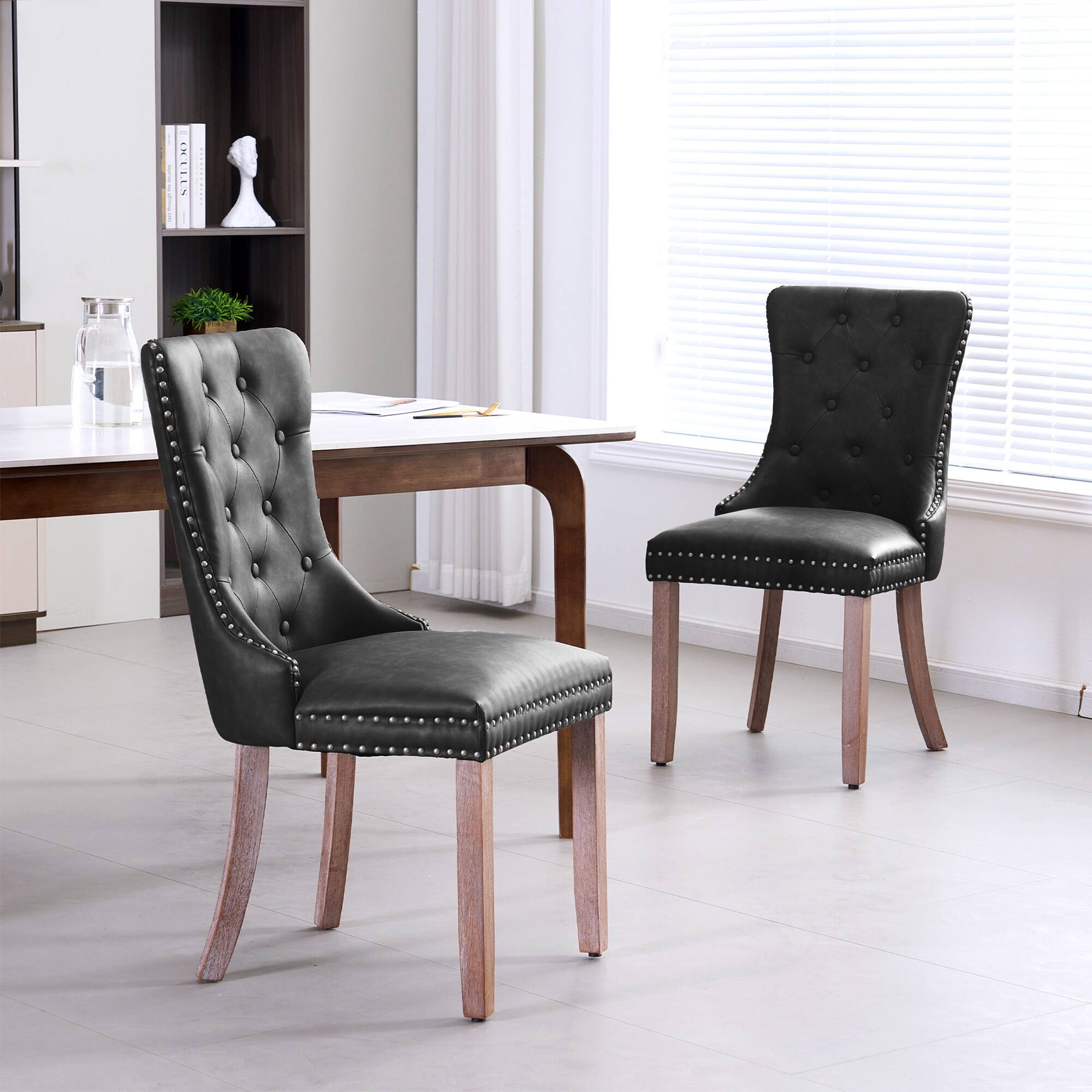 Angle. FERPIT - FERPIT Faux Leather Dining Chairs with Tufted Back Nailhead Trim Set of 2, Black - Black.