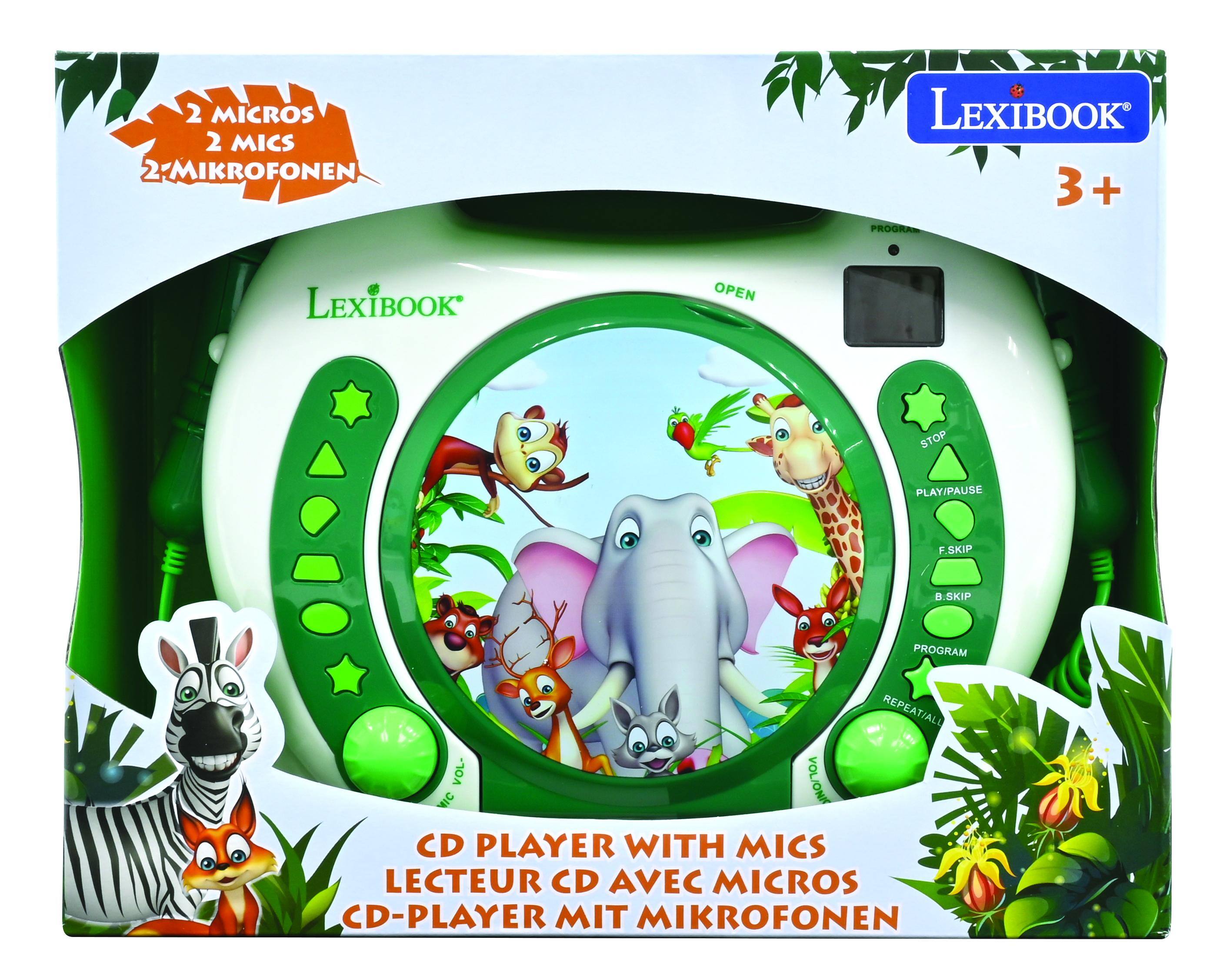 2 MICROS  
2 MICS  
2 MIKROFONEN  

LEXIBOOK 3+  

PROGR  
STOP PLAY/PAUSE + SKIP  
F.SKIP  
B.SKIP  
PROGRAM  
REPEAT/ALL  
VOL- VOL+  

CD PLAYER WITH MICS  
LECTEUR CD AVEC MICROS  
CD-PLAYER MIT MIKROFONEN