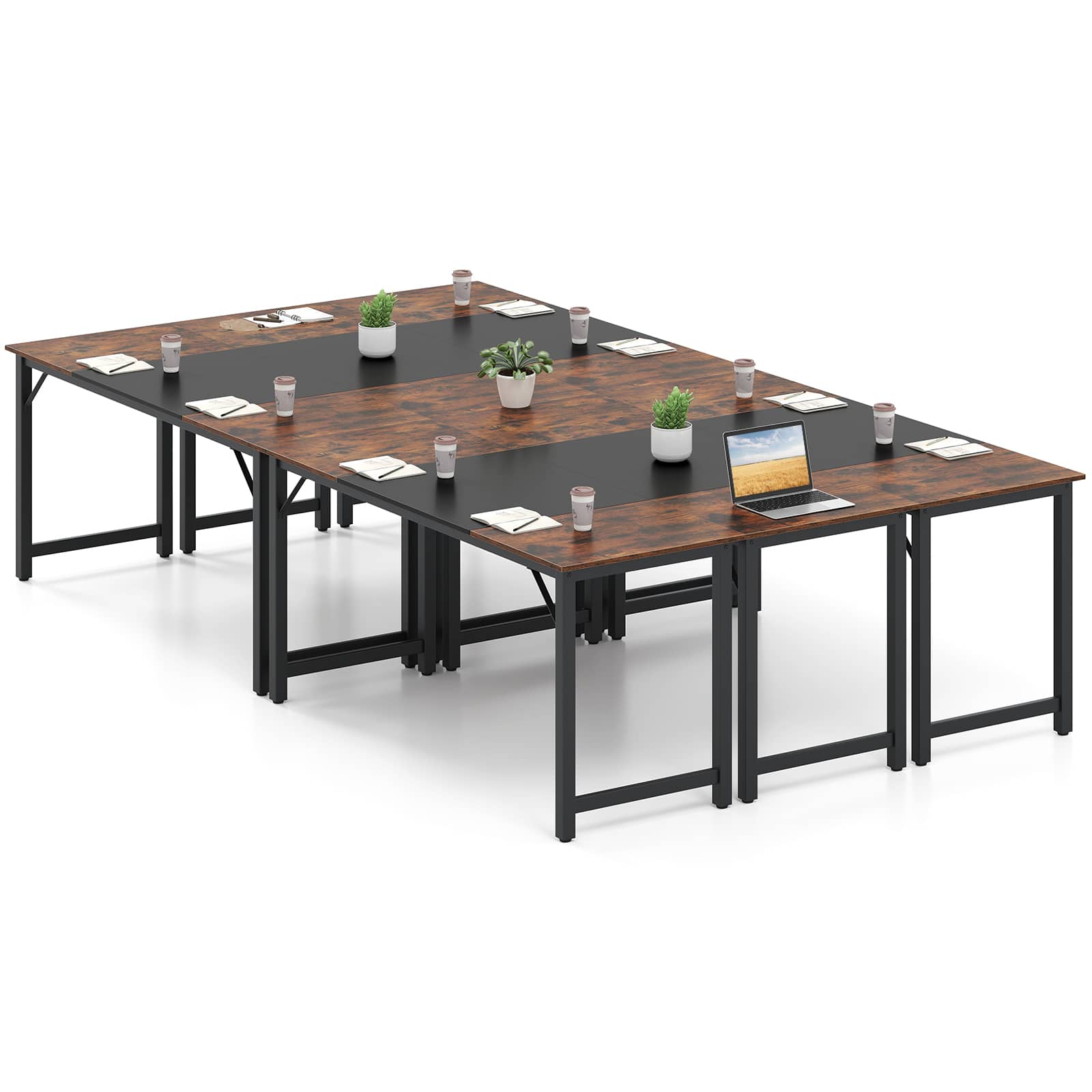 Gymax - 6 PCS 63'' Computer Desk Modern Industrial Office Desk w/ Metal Frame & Large Executive Desk - Rustic Brown, Black