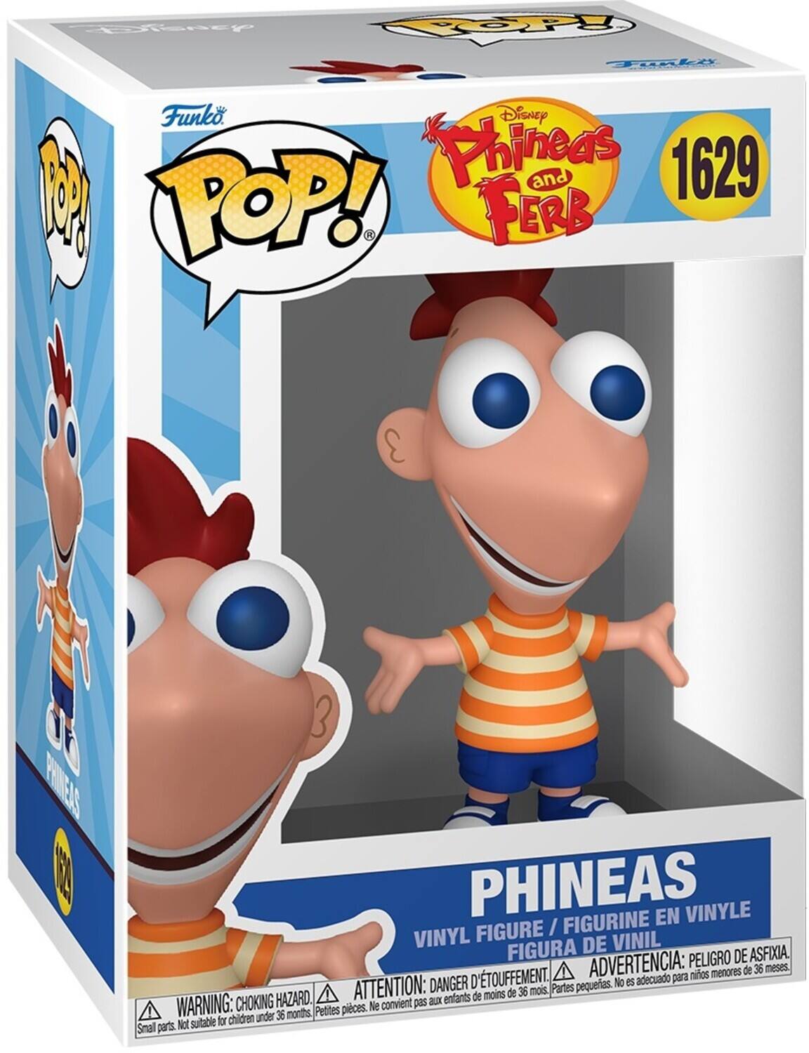 Sure, here is the corrected and grouped text from the image:

---

**Top Left:**
- Funko
- POP!

**Top Center:**
- Disney Phineas and Ferb
- 1629

**Top Right:**
- Funko

**Center:**
- PHINEAS
- VINYL FIGURE / FIGURINE EN VINYLE / FIGURA DE VINIL

**Bottom:**
- WARNING: CHOKING HAZARD. Small parts. Not suitable for children under 36 months.
- ATTENTION: DANGER D'ÉTOUFFEMENT. Petites pièces. Ne convient pas aux enfants de moins de 36 mois.
- ADVERTENCIA: PELOJO DE ASFIXIA. Partes pequeñas. No es adecuado para niños menores de 36 meses.

**Bottom Left:**
- PHINEAS
- 1629

---