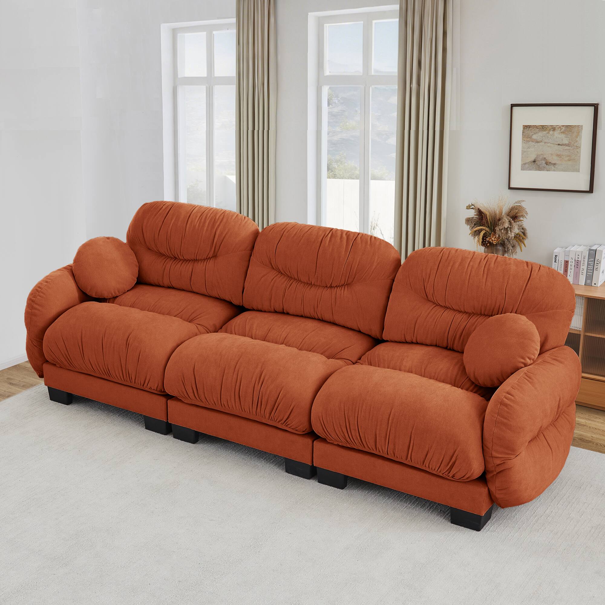 Angle. Anysun - 3 Seater Modular Sofa with Chenille Fabric, High-Density Foam & Curved Armrests, Pleated Design for Living Room - Orange.