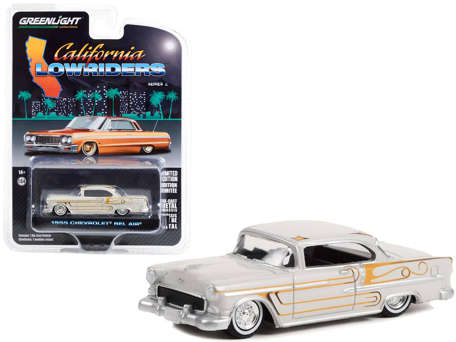 GREENLIGHT collectibles  
California LOWRIDERS  
SERIES 2  

14+  
1:64  

1955 CHEVROLET BEL AIR  

Contains: 1 die-cast Vehicle  
Contents: 1 modèle réduit  

LIMITED EDITION  
CAST METAL  
BRASSIS  
ASSIS DE  
METAL