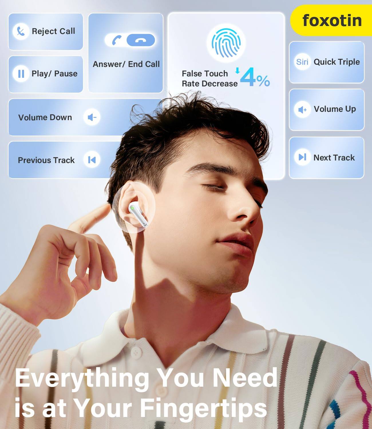 - Reject Call
- Answer/ End Call
- Play/ Pause
- Volume Down
- Previous Track
- False Touch Rate Decrease 4%
- Siri Quick Triple
- Volume Up
- Next Track

Everything You Need is at Your Fingertips