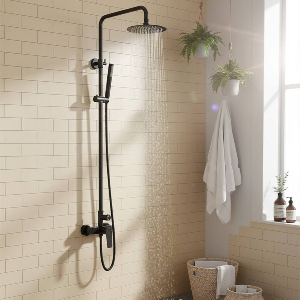 Alt View 1. Dazzed Corner - Wall Mount Outdoor Shower Kit, Single Handle Brass Valve with 8” Rain Head & Handheld - Matte Black.