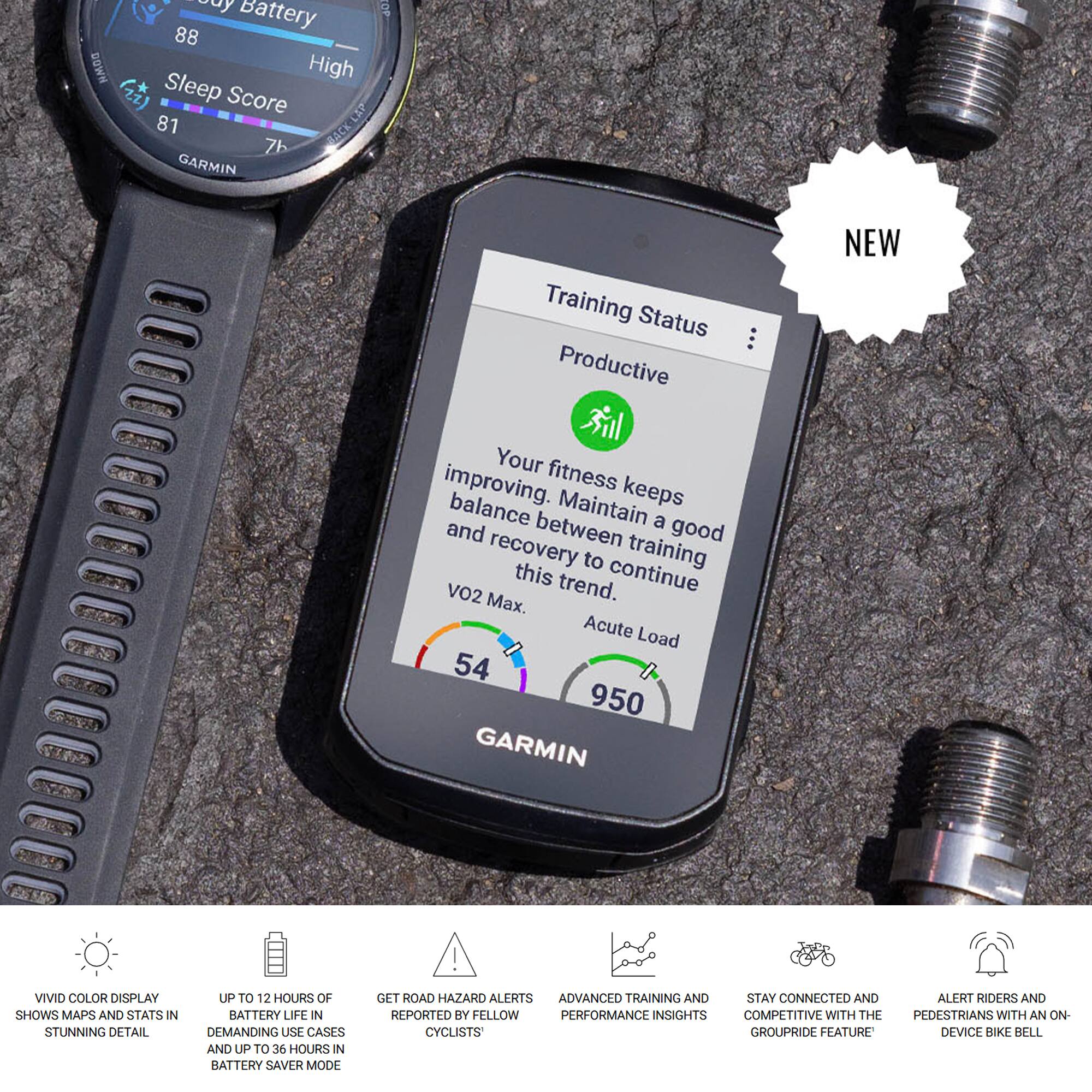 Body Battery: 88  
Sleep Score: 81  
Training Status: Productive  
VO2 Max: 54  
Acute Load: 950  

NEW  
Your fitness keeps improving. Maintain a good balance between training and recovery to continue this trend.  

VIVID COLOR DISPLAY SHOWS MAPS AND STATS IN STUNNING DETAIL  
UP TO 12 HOURS OF BATTERY LIFE IN DEMANDING USE CASES AND UP TO 36 HOURS IN BATTERY SAVER MODE  
GET ROAD HAZARD ALERTS REPORTED BY FELLOW CYCLISTS  
ADVANCED TRAINING AND PERFORMANCE INSIGHTS  
STAY CONNECTED AND COMPETITIVE WITH THE PEDESTRIANS WITH AN ON-DEVICE BIKE BELL