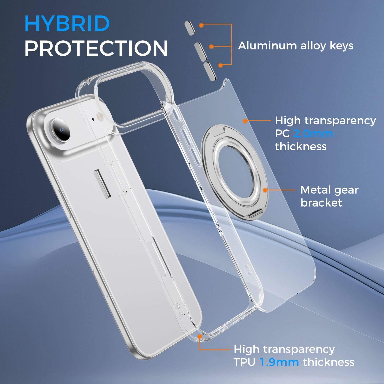 HYBRID PROTECTION

- Aluminum alloy keys
- High transparency PC 2.0mm thickness
- Metal gear bracket
- High transparency TPU 1.9mm thickness