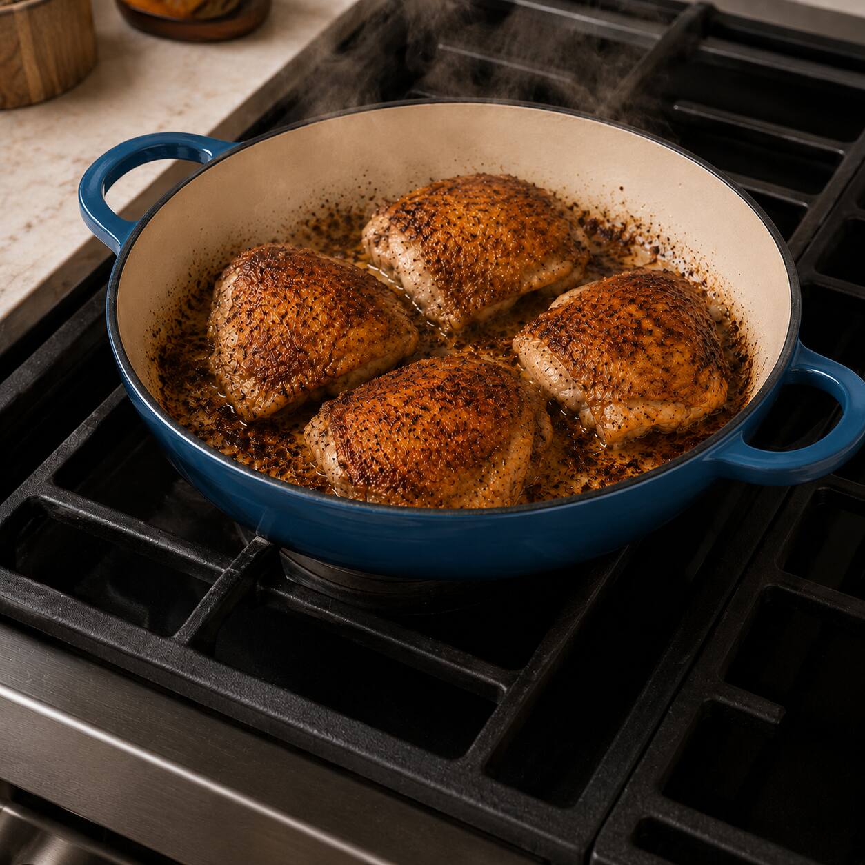 Left. CHEFSPOT - 3.5-Quart Enameled Cast Iron Braiser Pan with Self-Basting Lid - Slate blue.