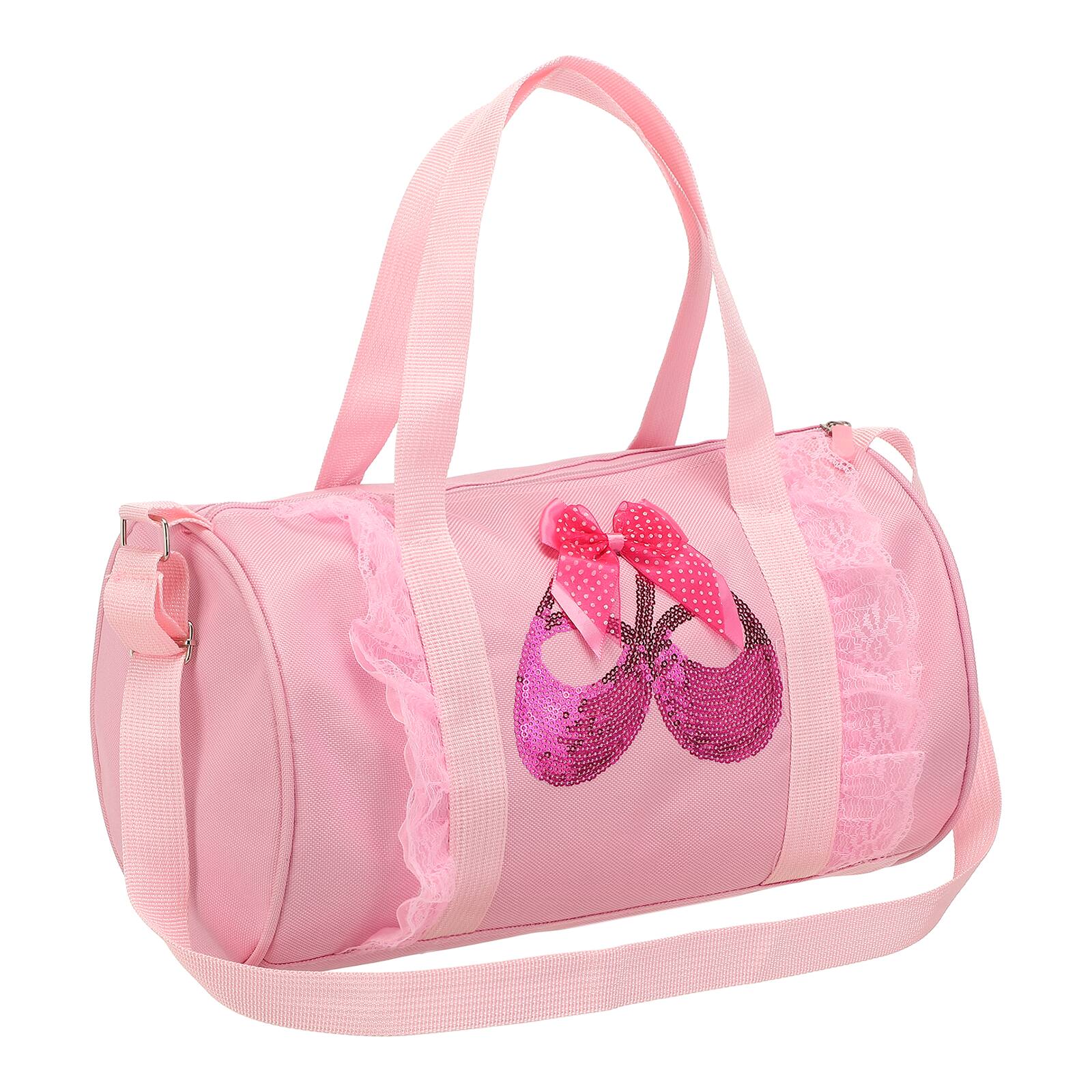 Front. Unique Bargains - Small Cute Personalized Lace Dance Bag with Adjustable Strap and Shoe Compartment for Ballet Yoga Travel Duffel - Pink with longlace shoe.