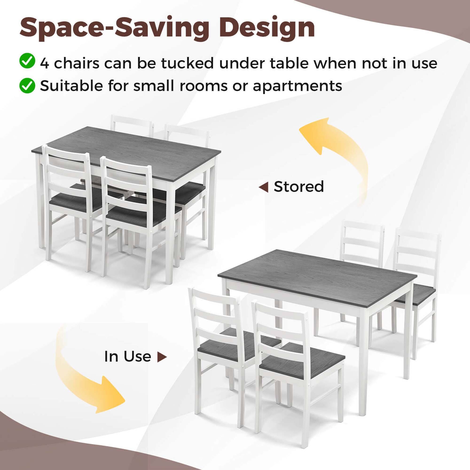Space-Saving Design: 4 chairs can be tucked under table when not in use. Suitable for small rooms or apartments. Stored In Use.