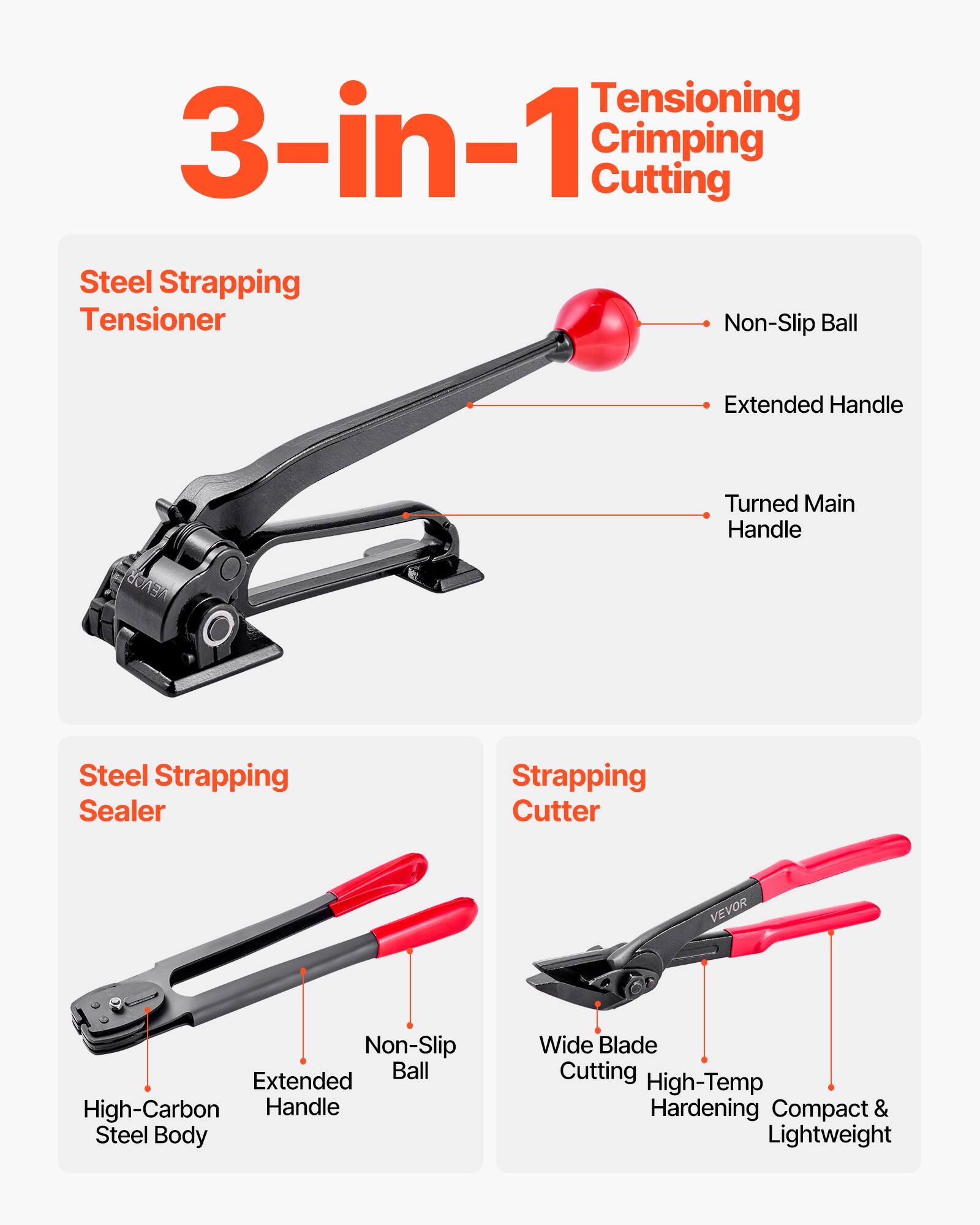 Tensioning 3-in-1 Crimping Cutting Steel Strapping Tensioner Non-Slip Ball Extended Handle Turned Main Handle Steel Strapping Sealer Strapping Cutter VEVOR Non-Slip Ball Extended High-Carbon Handle Steel Body Wide Blade Cutting High-Temp Hardening Compact & Lightweight