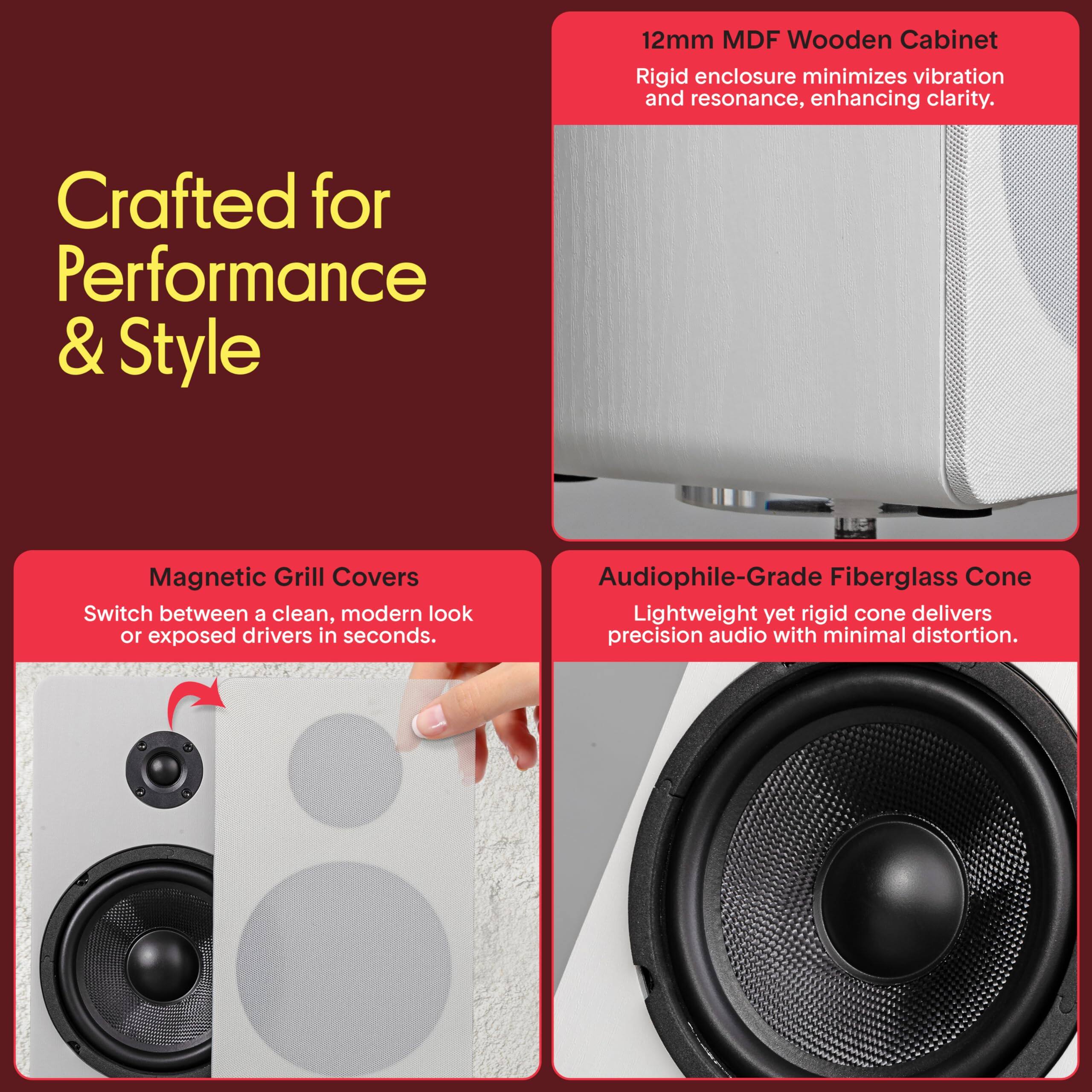 Crafted for Performance & Style

12mm MDF Wooden Cabinet  
Rigid enclosure minimizes vibration and resonance, enhancing clarity.

Magnetic Grill Covers  
Switch between a clean, modern look or exposed drivers in seconds.

Audiophile-Grade Fiberglass Cone  
Lightweight yet rigid cone delivers precision audio with minimal distortion.