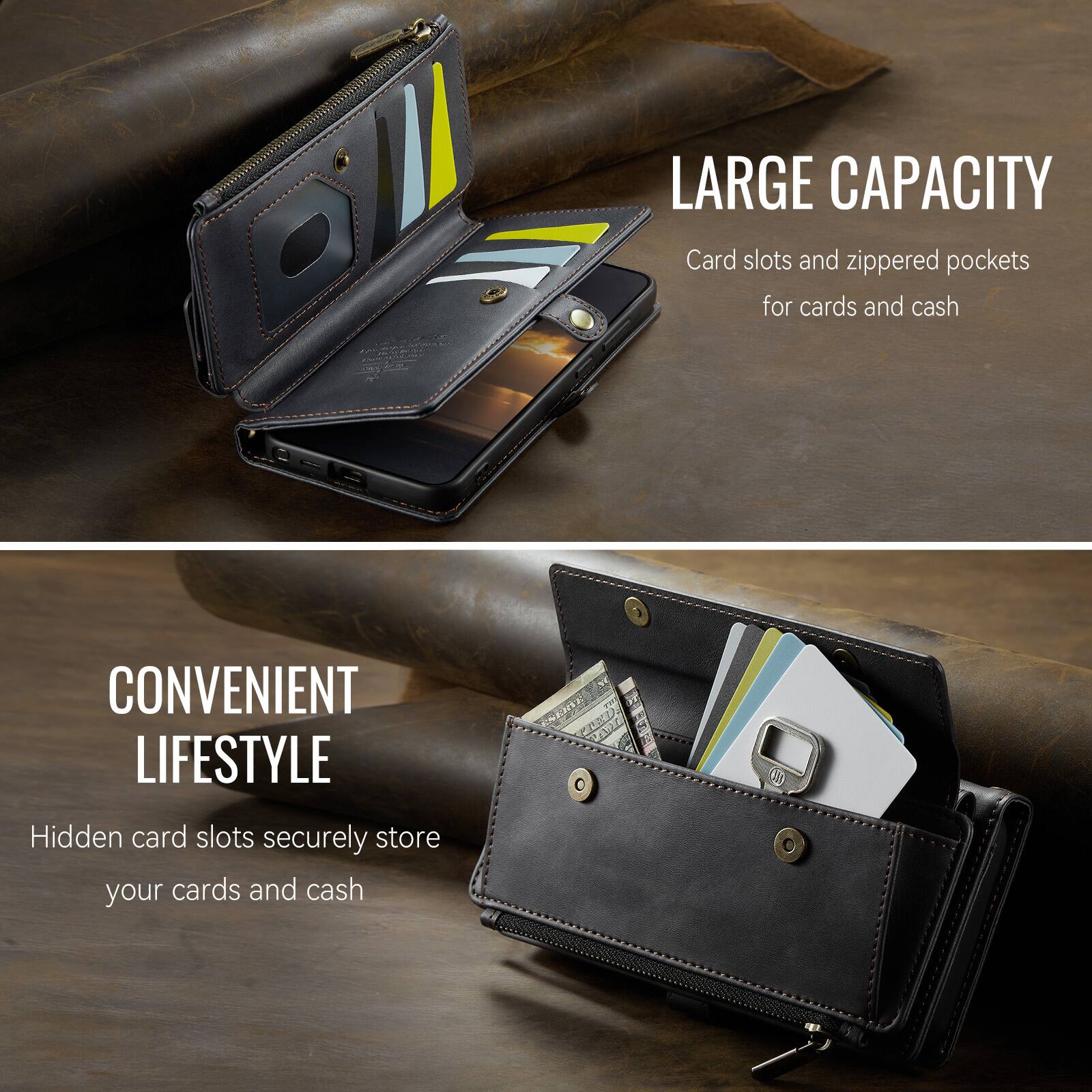 LARGE CAPACITY  
Card slots and zippered pockets for cards and cash  

CONVENIENT LIFESTYLE  
Hidden card slots securely store your cards and cash