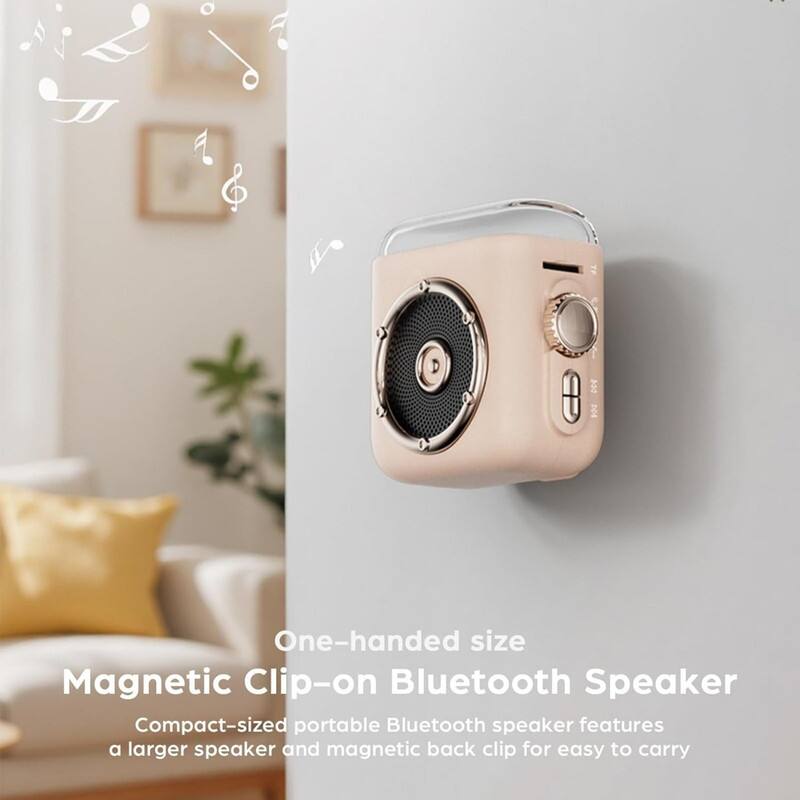 One-handed size  
Magnetic Clip-on Bluetooth Speaker  

Compact-sized portable Bluetooth speaker features a larger speaker and magnetic back clip for easy to carry