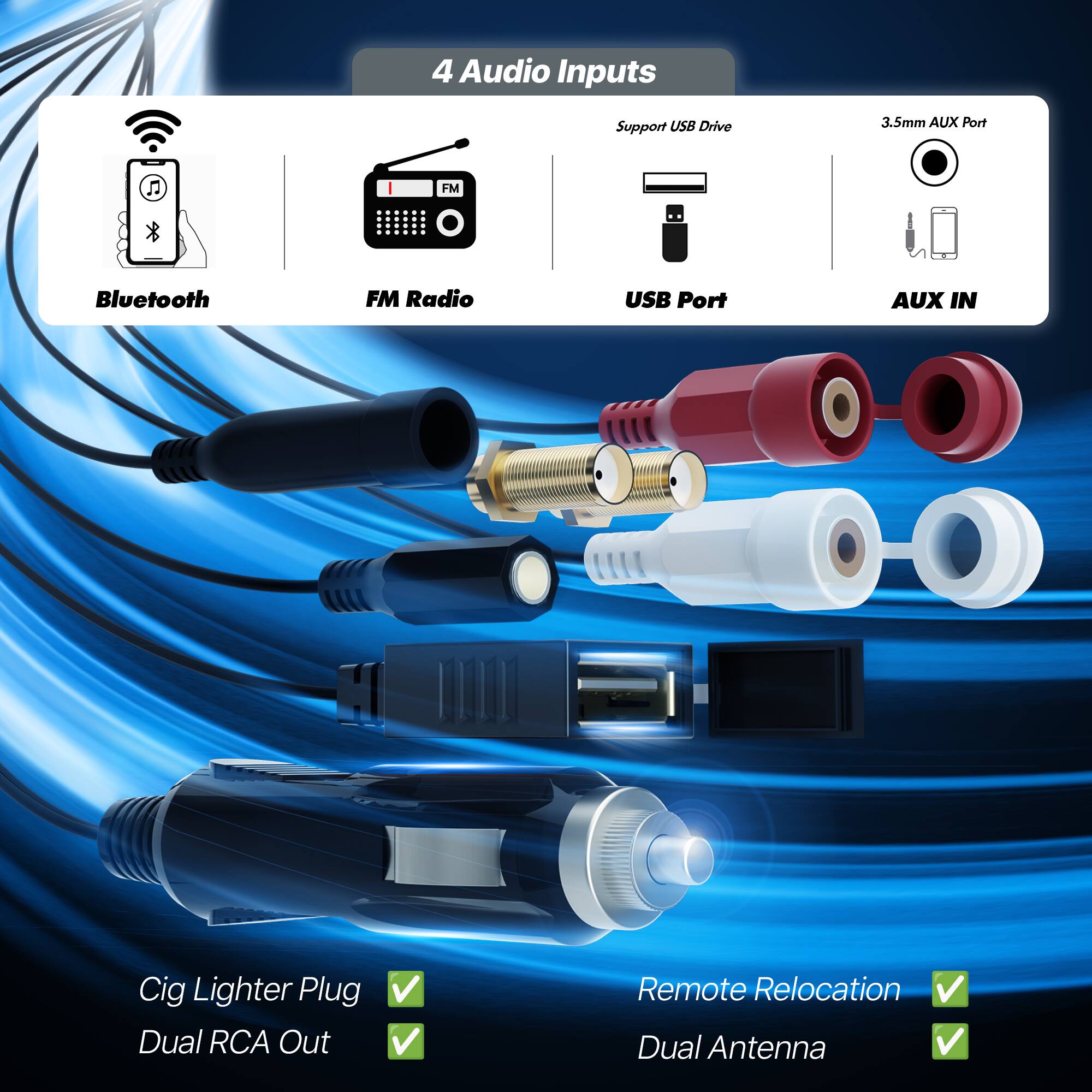 4 Audio Inputs  
Support USB Drive  
3.5mm AUX Port  
Bluetooth  
FM Radio  
USB Port  
AUX IN  
Cig Lighter Plug  
Dual RCA Out  
Remote Relocation  
Dual Antenna