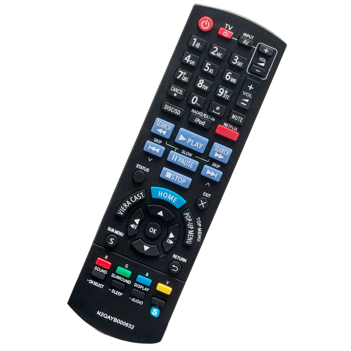 G TV G INPUT 1@ 2ABC 3DEF 4GH 5JK 6MNO 7PQR 8TUV 9WXYZ 0., DISC/SD # RADIO/EXT-IN iPod EXT-IN MUTE SEARCH NETFLIX SKIP PLAY SLOW SEARCH V I STATUS PAUSE SKIP STOP CAST HOME EXIT VIERA SUB POP-UP TOP MENU OK MENU S MENU R RETURN G SOUND B CHSELECT SURROUND Y - DISPLAY SLEEP -AUDIO S N2QAYB000632