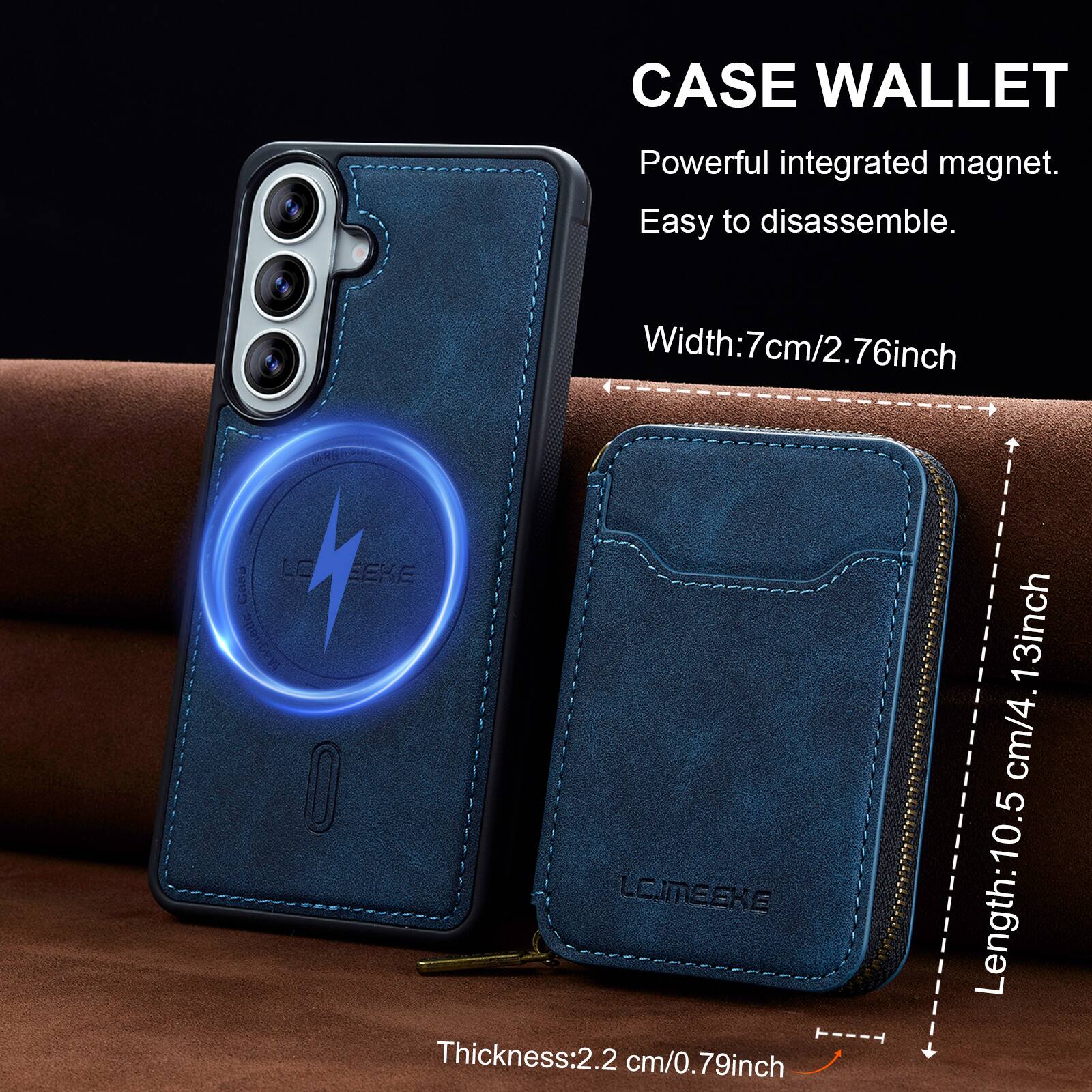 CASE WALLET  
Powerful integrated magnet.  
Easy to disassemble.  

Width: 7cm/2.76inch  
Length: 10.5cm/4.13inch  
Thickness: 2.2cm/0.79inch