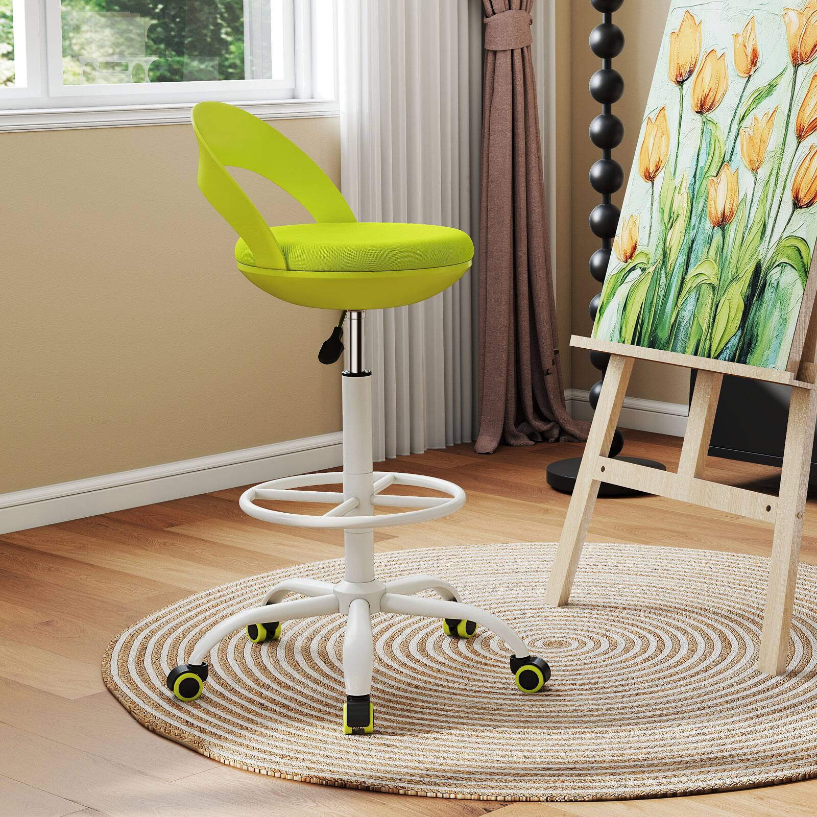 Alt View 3. Gymax - Gymax Drafting Stool Rolling Tall Desk Chair w/ Wheels Low Backrest Footrest Green - Green.