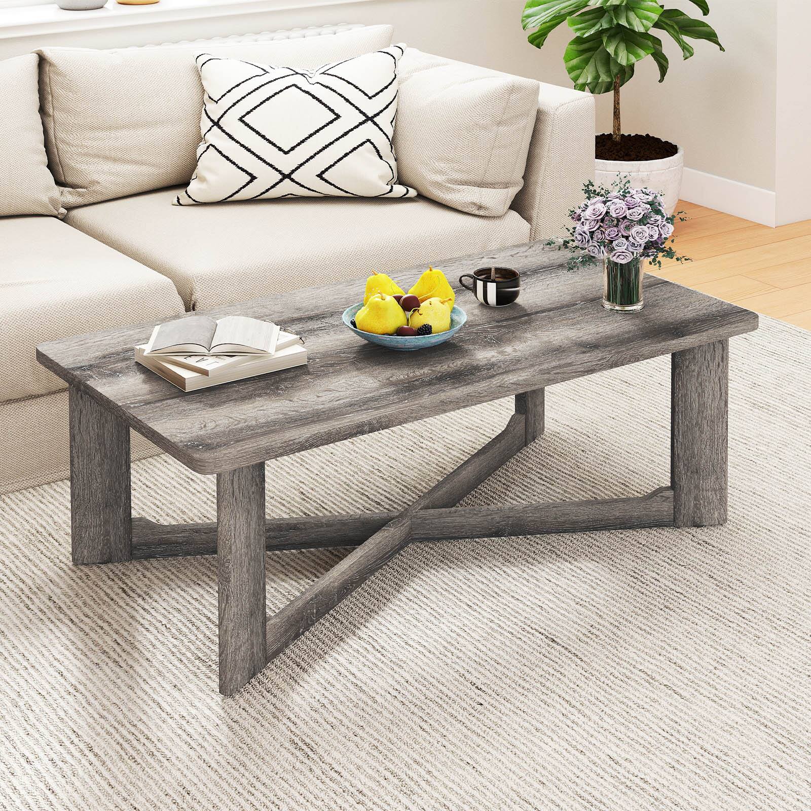 Alt View 3. Gymax - Gymax Coffee Table Solid Rubber Wood Center Table w/ X-Shaped Base for Living Room - Gray.