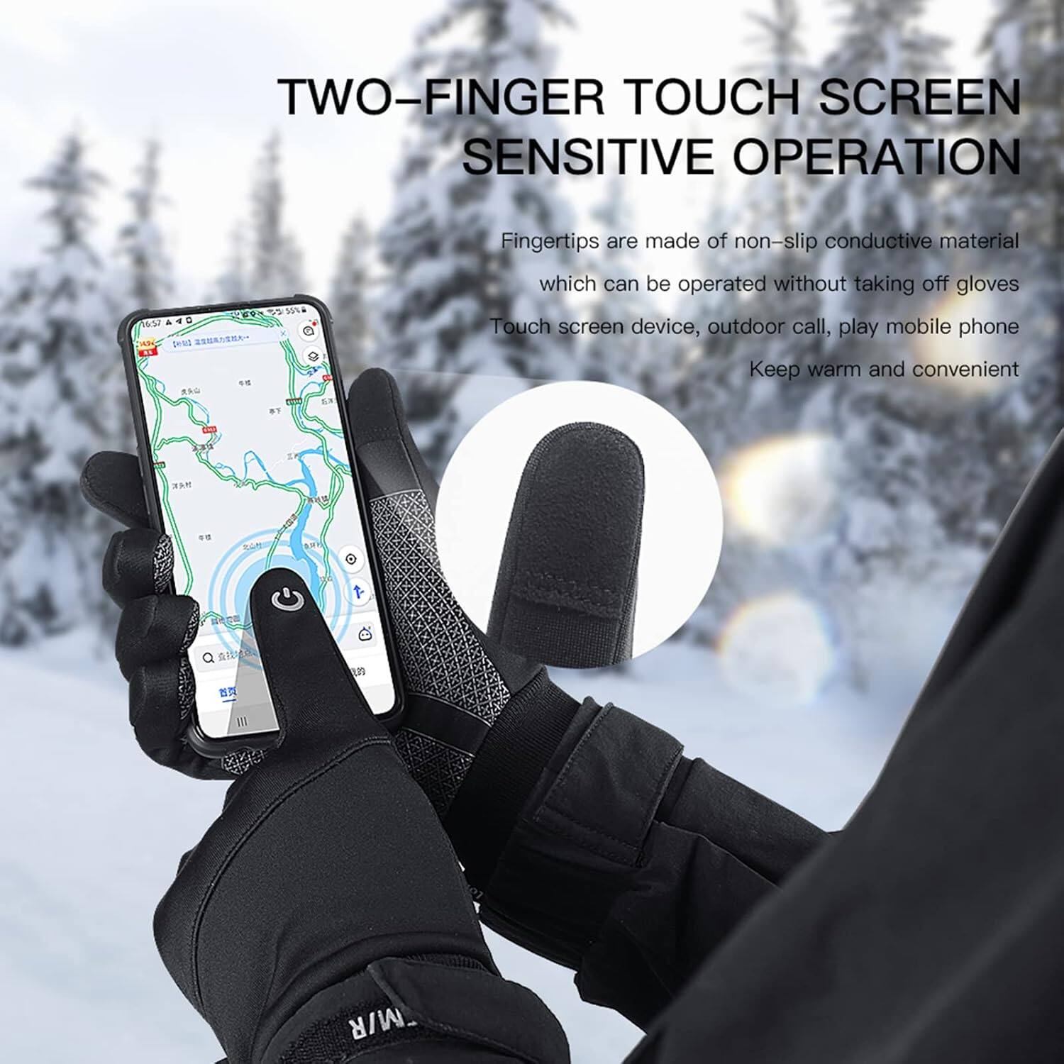 TWO-FINGER TOUCH SCREEN SENSITIVE OPERATION

Fingertips are made of non-slip conductive material which can be operated without taking off gloves. Touch screen device, outdoor call, play mobile phone. Keep warm and convenient.