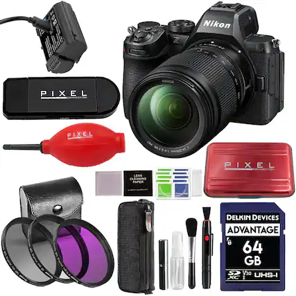 Nikon Z7 with NIKKOR 24-200mm 1.4-6.3 VR lens
PIXEL CONNECTION
Lens Cleaning Paper
DELKIN DEVICES ADVANTAGE 64 GB SP V30 UHS-I XC I
Ceda - Wge MIT AUS MG Diaitai HD 16 S Saries MG MC Digital Digital HD UV HD HDFL-D PL-D
Lens Cleaning Kit (including brushes and cloths)
Red PIXEL Connection case
Black PIXEL Connection case
Lens filters (UV and CPL)