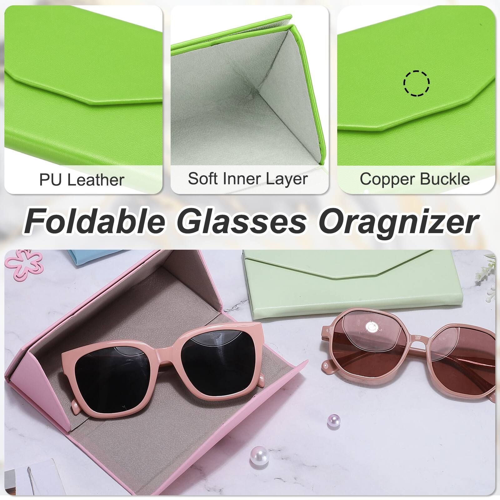PU Leather Soft Inner Layer Copper Buckle Foldable Glasses Organizer
